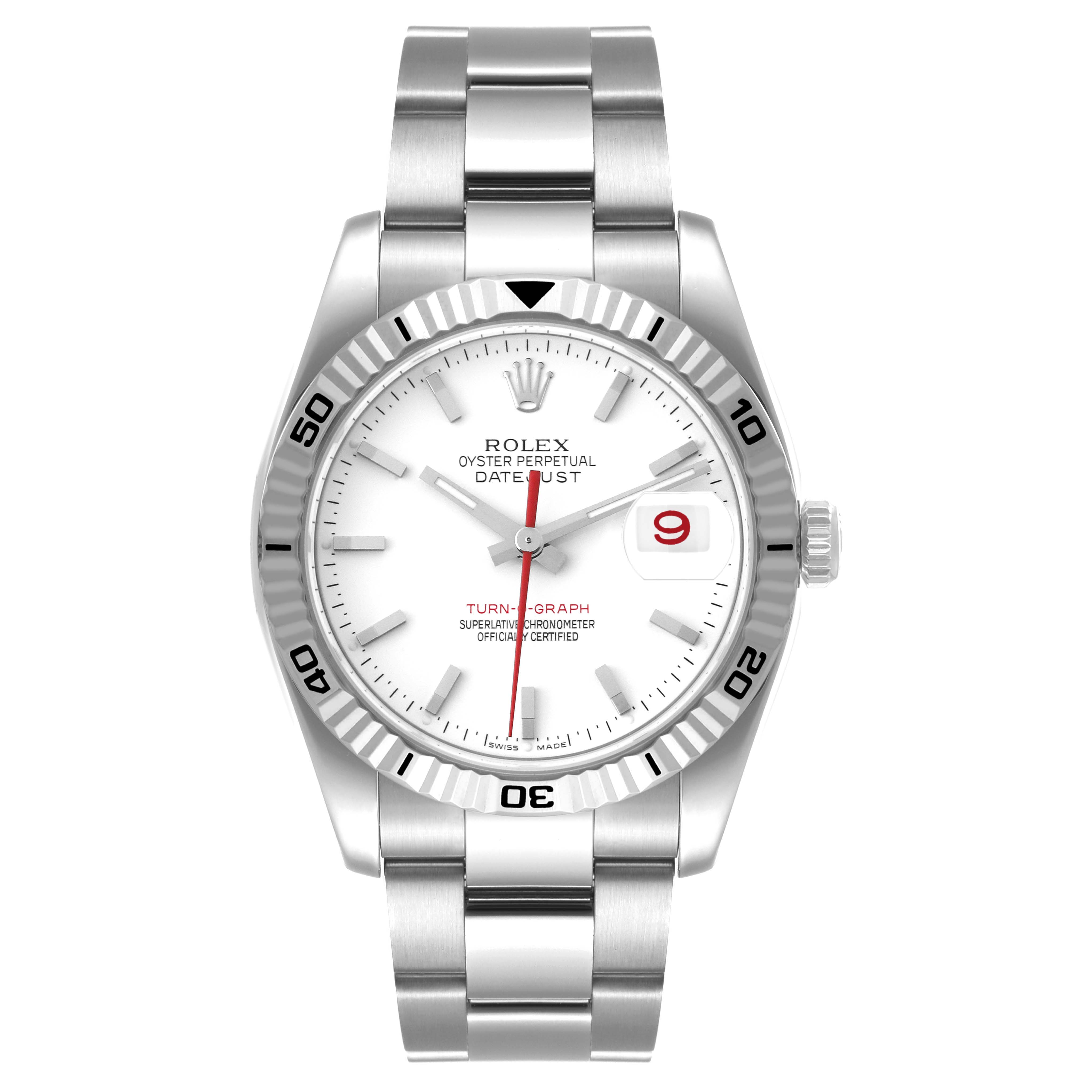 This is a front view showing the full Rolex Turn-o-Graph 116264 Men
s Stainless Steel White Dial 116264 Men
s Stainless Steel White Dial watch with its bracelet, dial, and bezel.