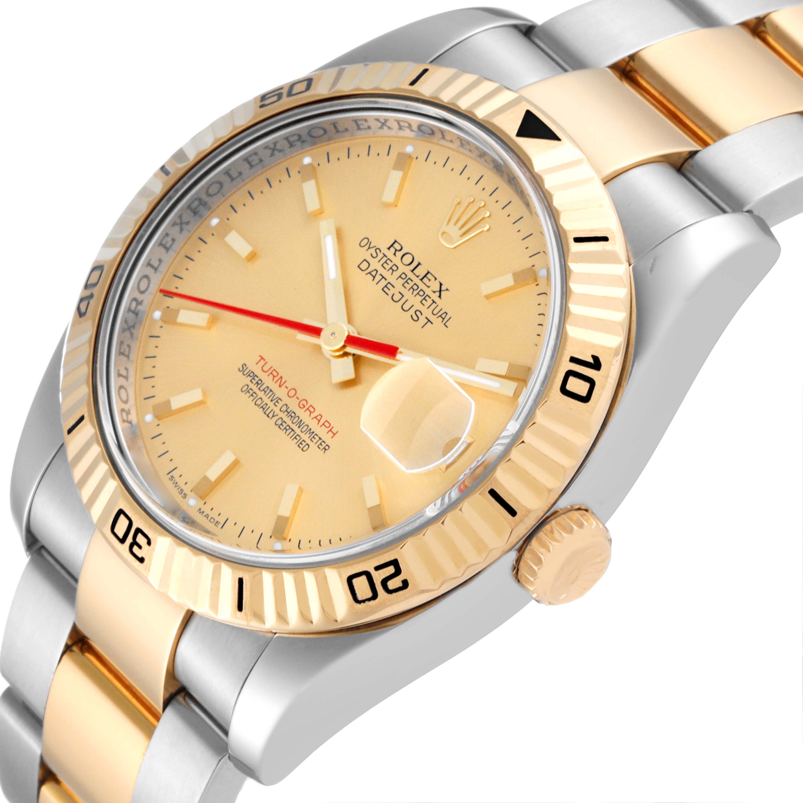 The Rolex Turn-o-Graph 116263 Men's Steel and Gold (two tone) Champagne Dial watch is shown in a close-up side angle, highlighting the bezel, dial, bracelet, and crown.