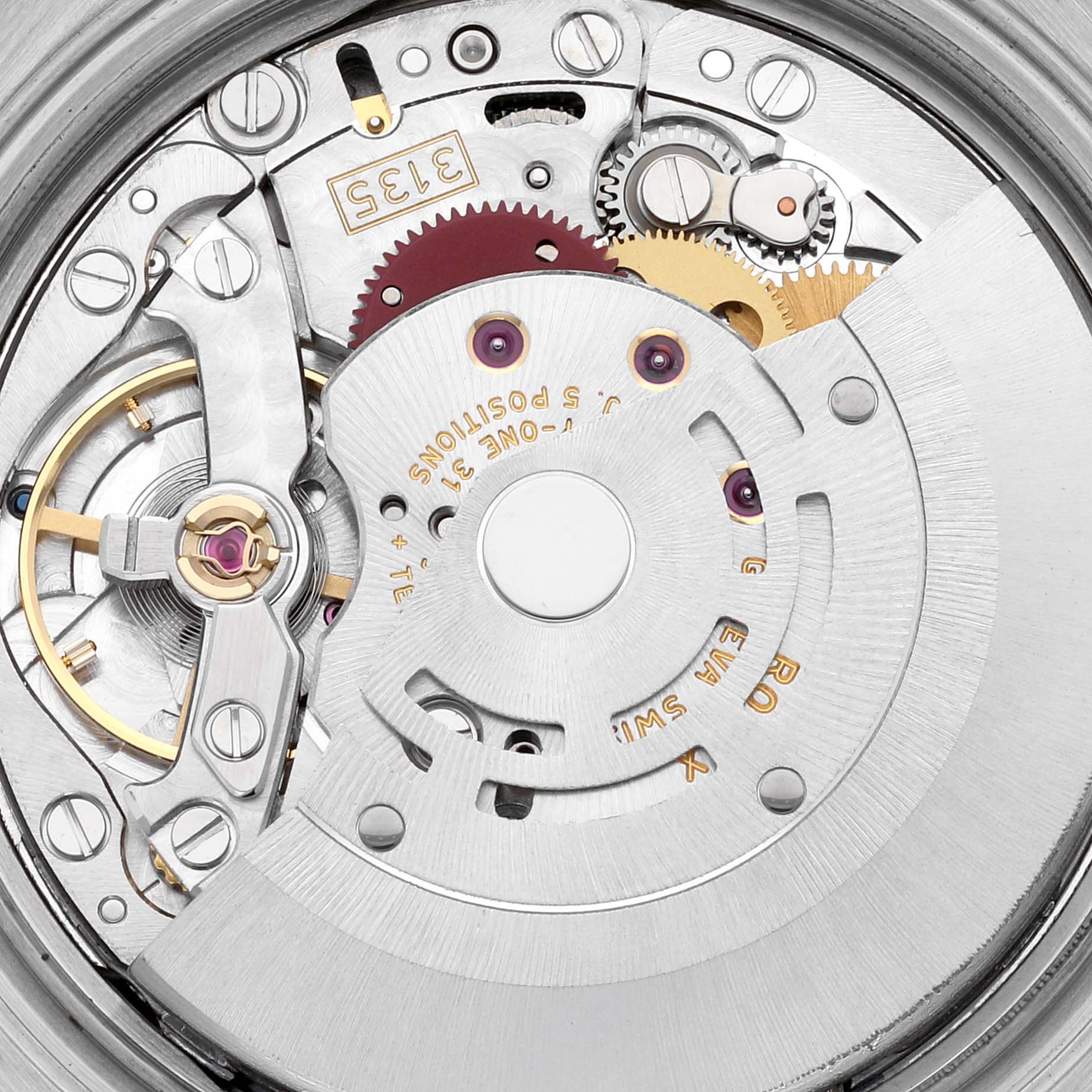 The image shows a detailed view of the Rolex Turn-o-Graph 116263 Men's Steel and Gold (two tone) Champagne Dial's movement with gears and mechanisms visible.