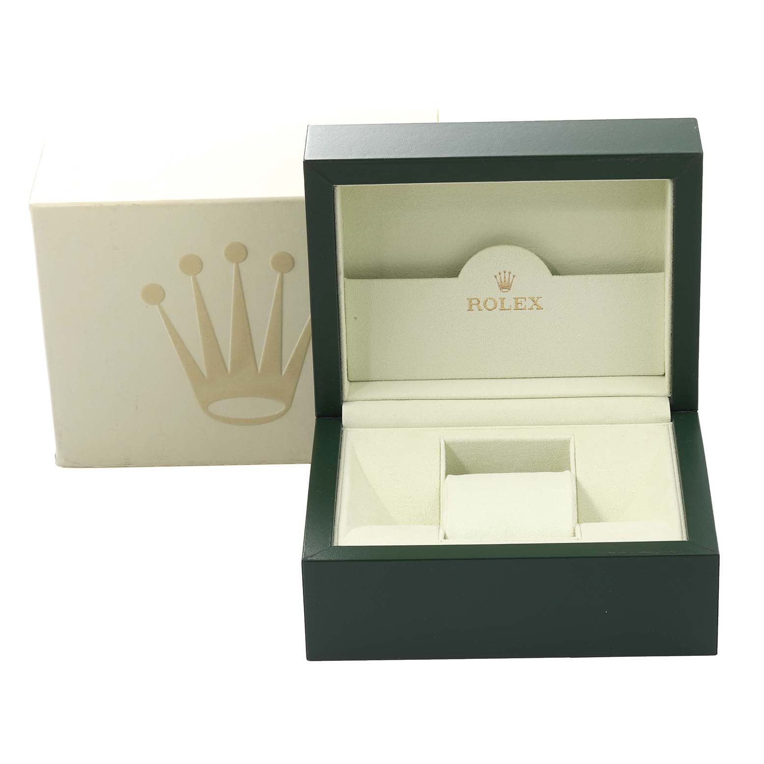 The image shows an open Rolex Turn-o-Graph 116263 Men's Steel and Gold (two tone) Champagne Dial box with the brand logo visible, seen from a front angle.
