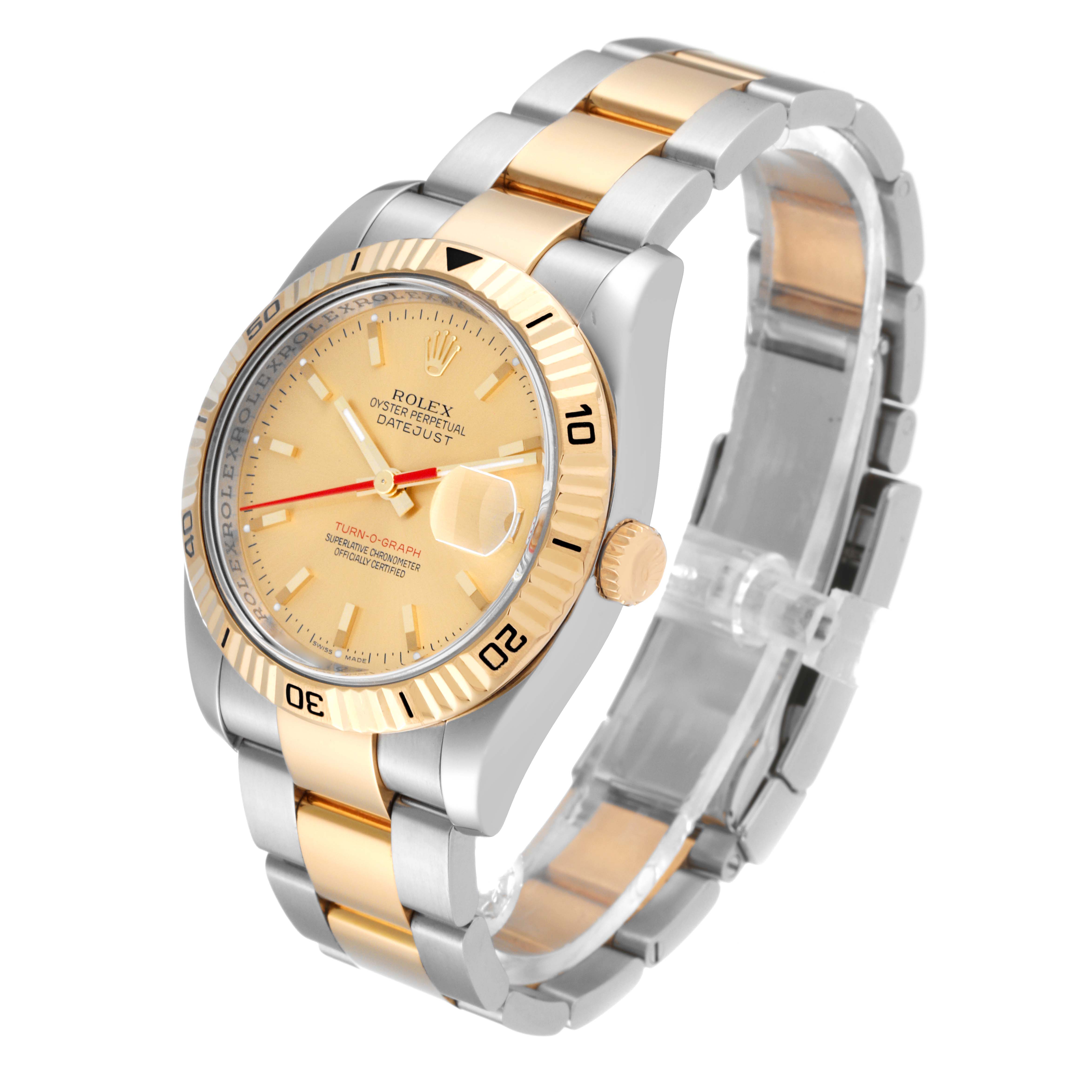 The Rolex Turn-o-Graph 116263 Men's Steel and Gold (two tone) Champagne Dial watch is shown at a tilted angle, highlighting the dial, bezel, and two-tone bracelet.