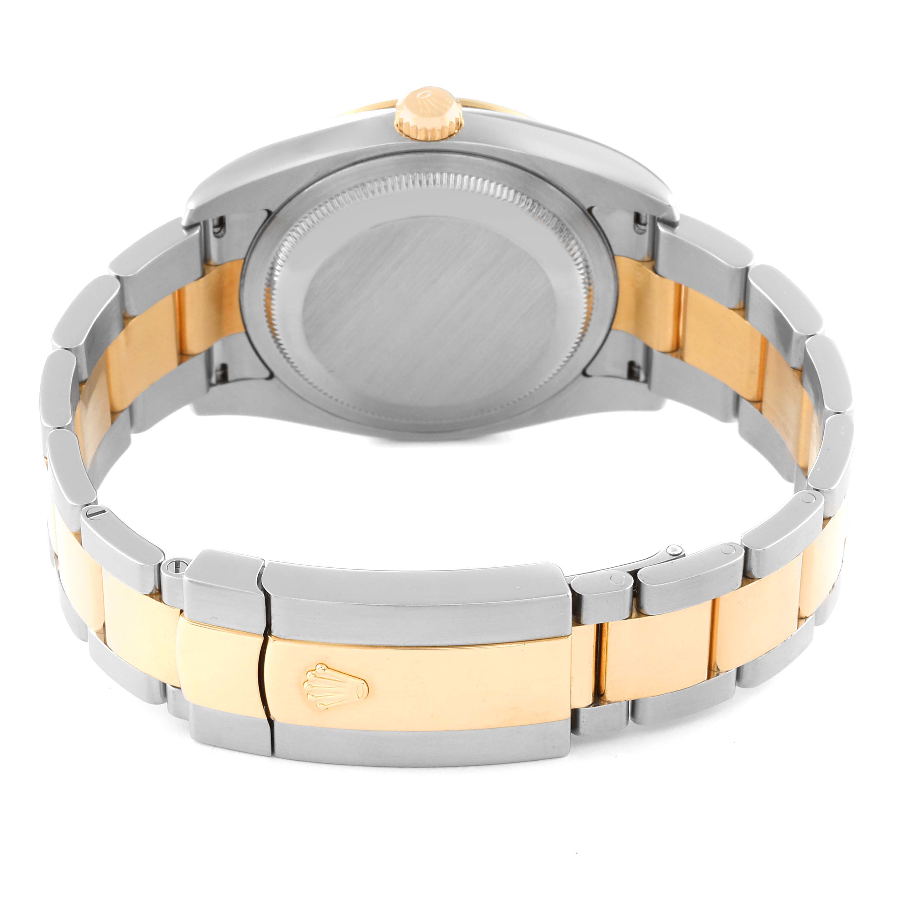 The image shows the back of the Rolex Turn-o-Graph 116263 Men's Steel and Gold (two tone) Champagne Dial watch, highlighting the case back, bracelet, and clasp from an underside angle.