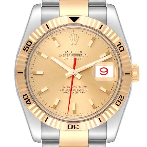 The image shows a front view of the Rolex Turn-o-Graph 116263 Men's Steel and Gold (two tone) Champagne Dial, highlighting its bezel, dial, and bracelet.
