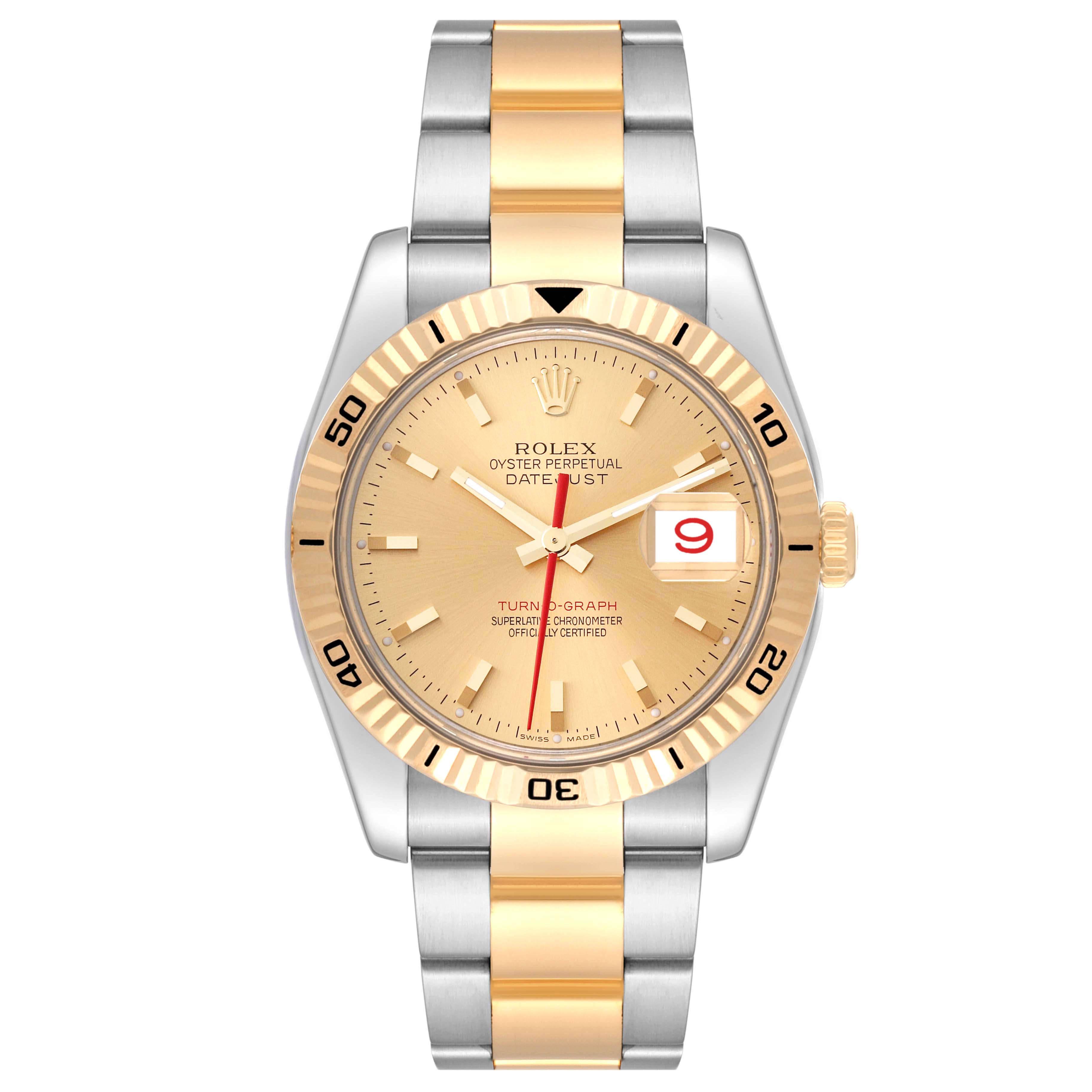 The Rolex Turn-o-Graph 116263 Men's Steel and Gold (two tone) Champagne Dial watch is shown from the front, displaying the dial, bezel, and two-tone bracelet.