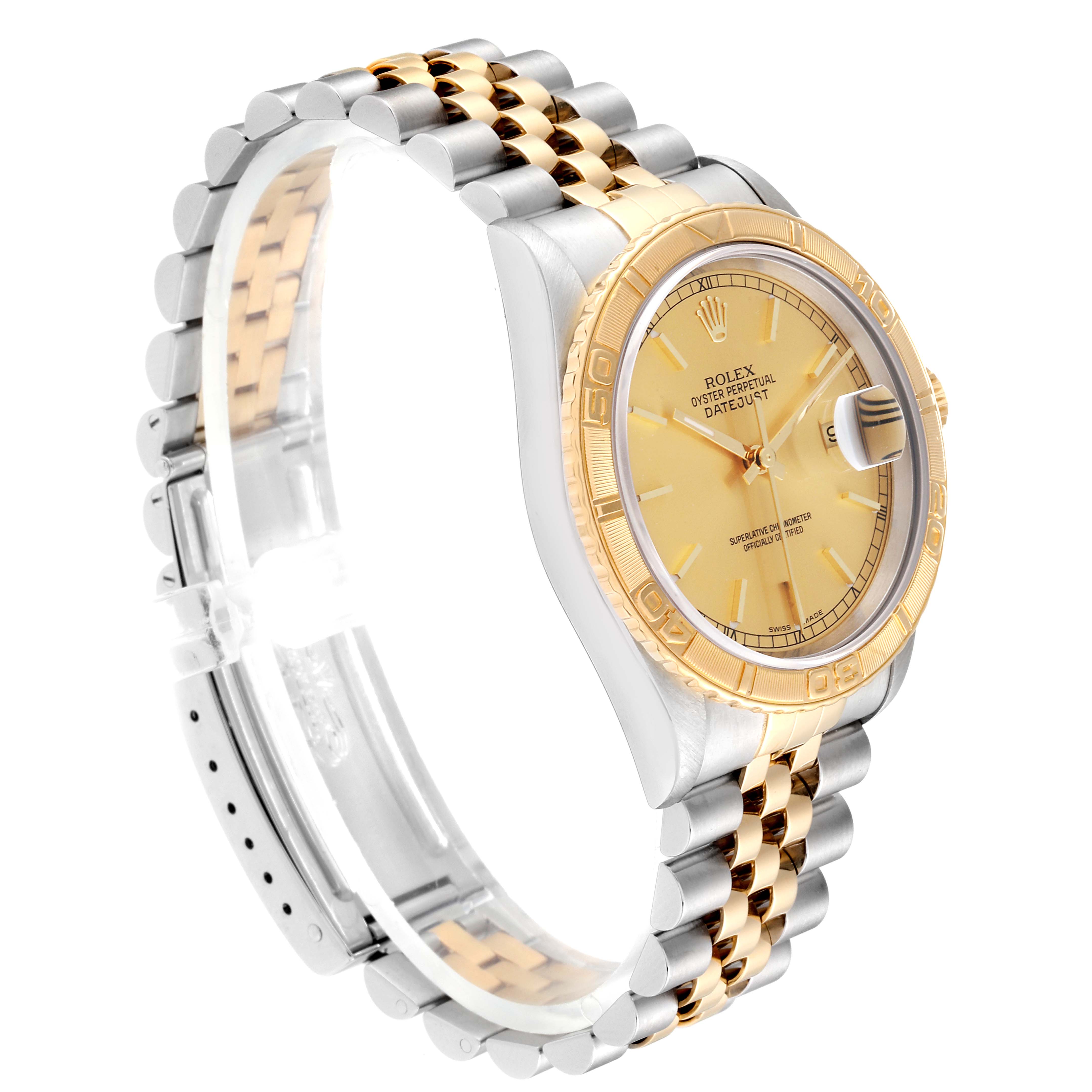 This image shows a Rolex Turn-o-Graph 16263 Men
s Steel and Gold (two tone) Champagne Dial 16263 Men
s Steel and Gold (two tone) Champagne Dial watch angled to display the face, bezel, and bracelet.