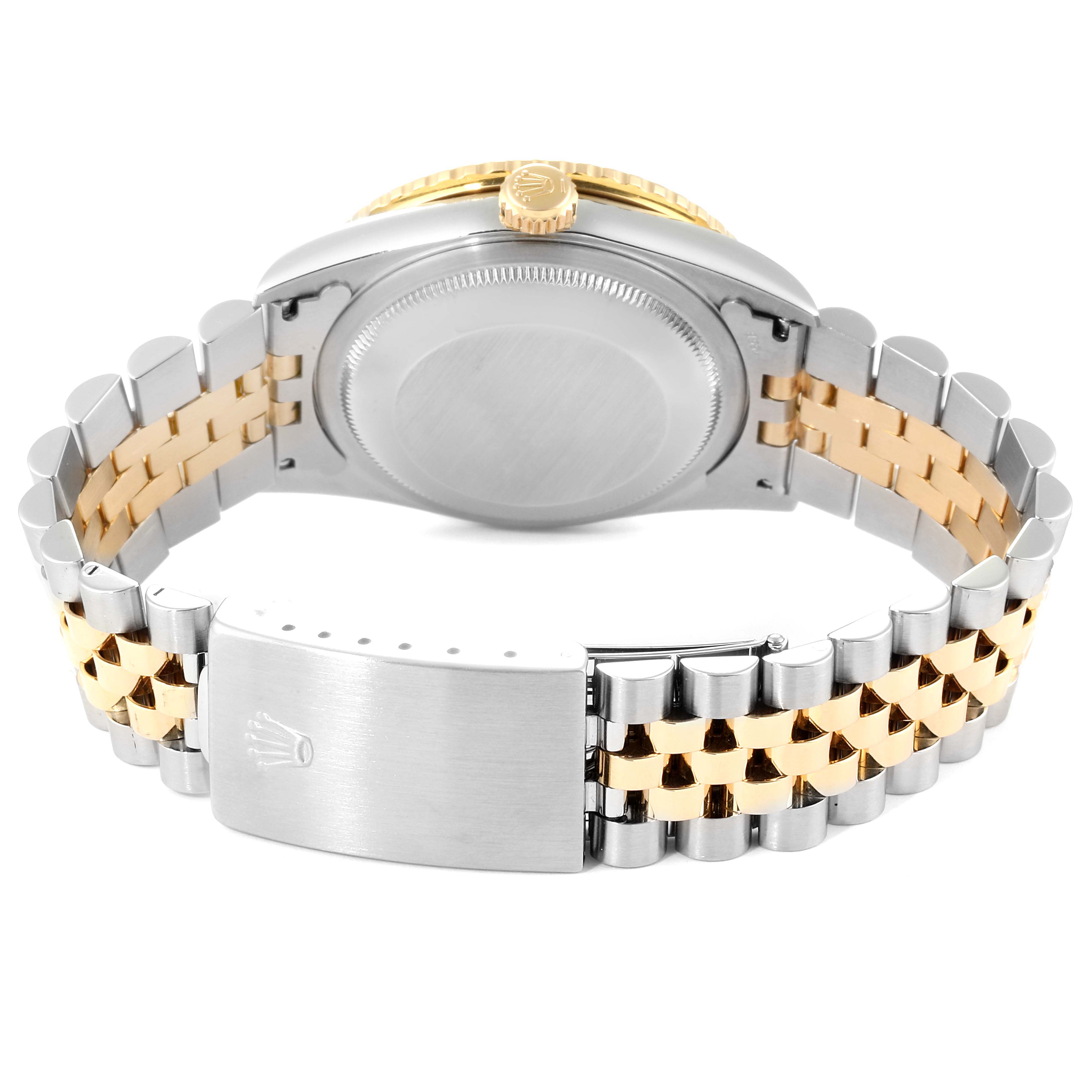 The image shows the back view of the Rolex Turn-o-Graph 16263 Men
s Steel and Gold (two tone) Champagne Dial 16263 Men
s Steel and Gold (two tone) Champagne Dial watch, highlighting its case back, crown, and bracelet.