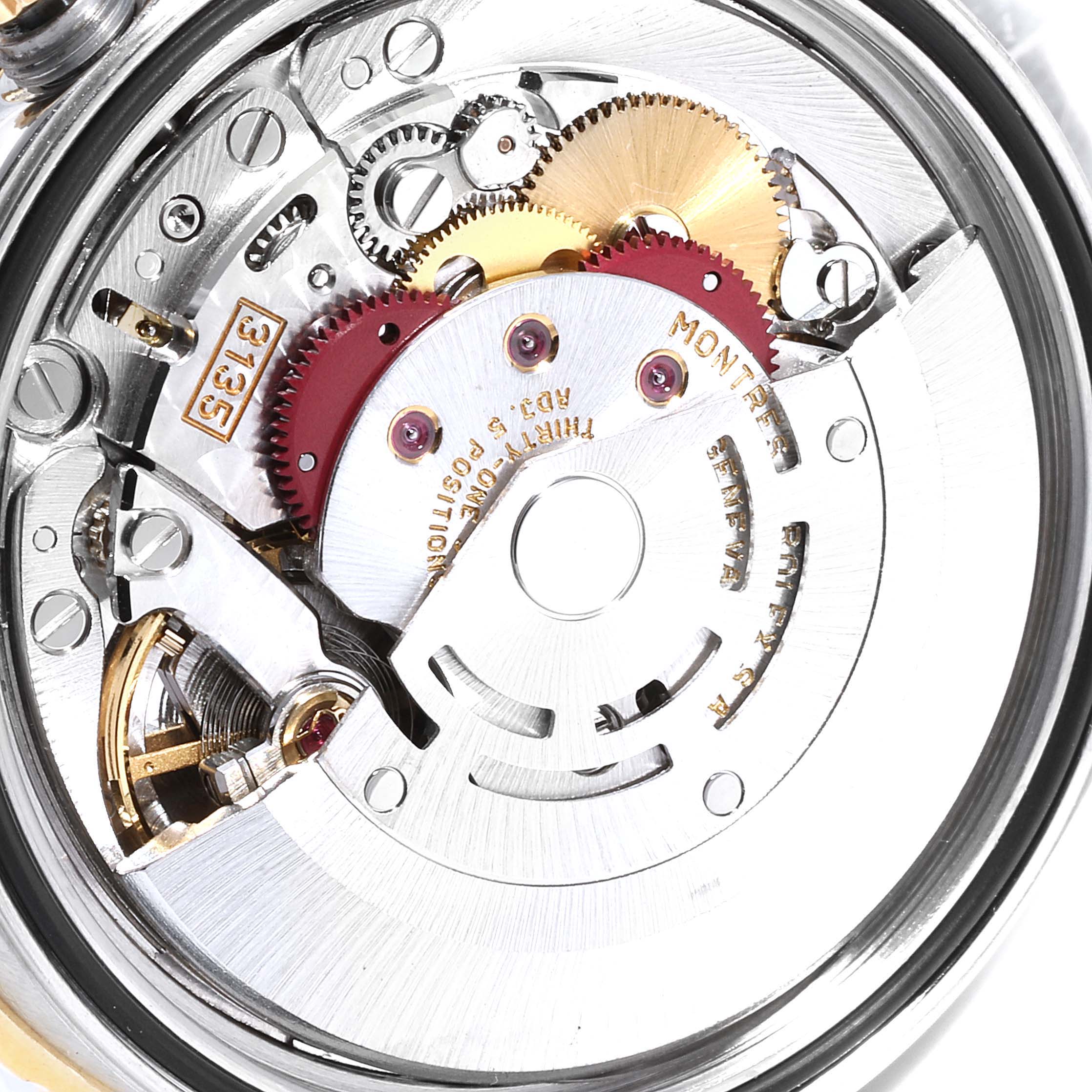 This image shows a close-up of the movement and internal gear mechanism of a Rolex Turn-o-Graph 16263 Men
s Steel and Gold (two tone) Champagne Dial 16263 Men
s Steel and Gold (two tone) Champagne Dial watch.