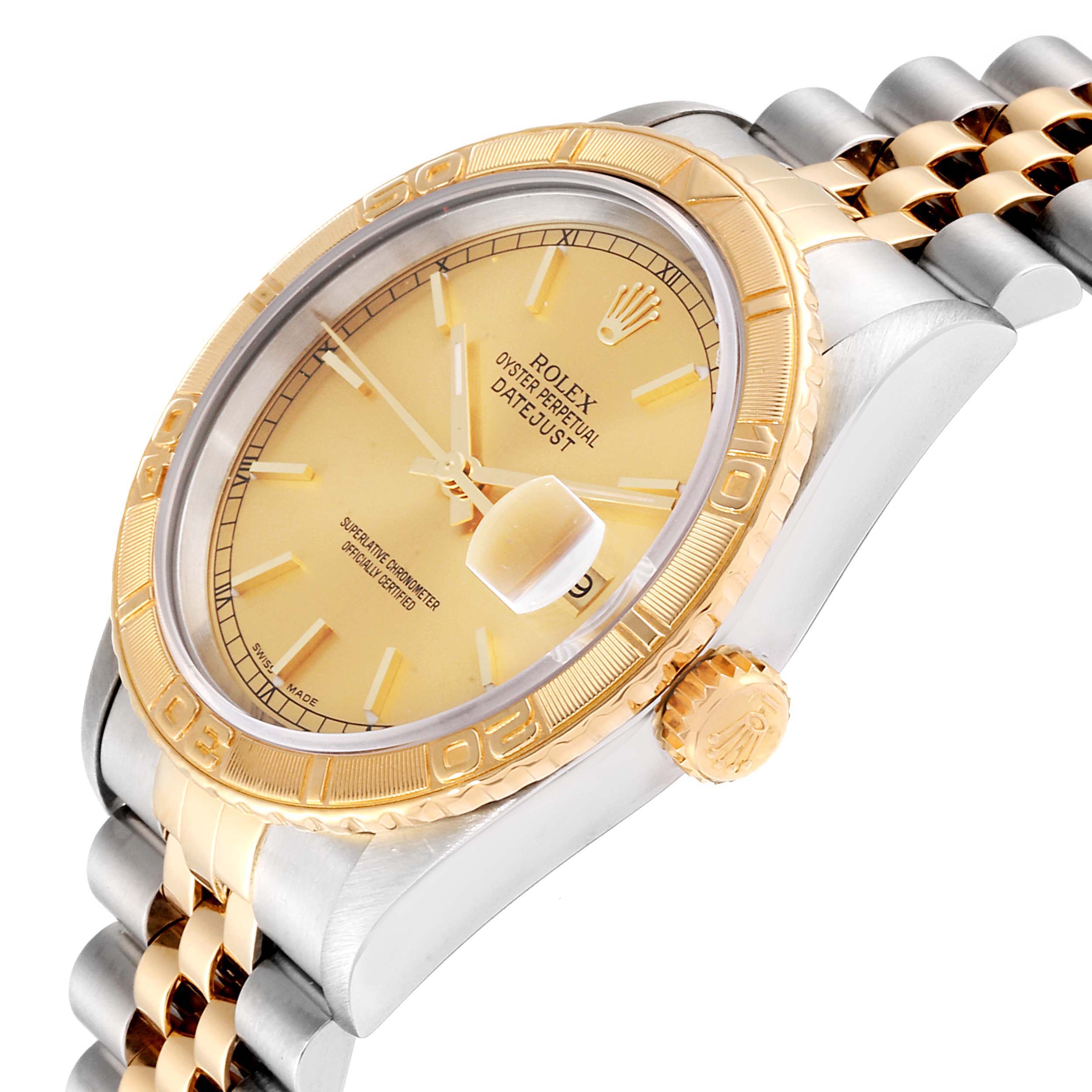 The image shows an angled view of the Rolex Turn-o-Graph 16263 Men
s Steel and Gold (two tone) Champagne Dial 16263 Men
s Steel and Gold (two tone) Champagne Dial watch, highlighting the bezel, dial, and part of the bracelet.