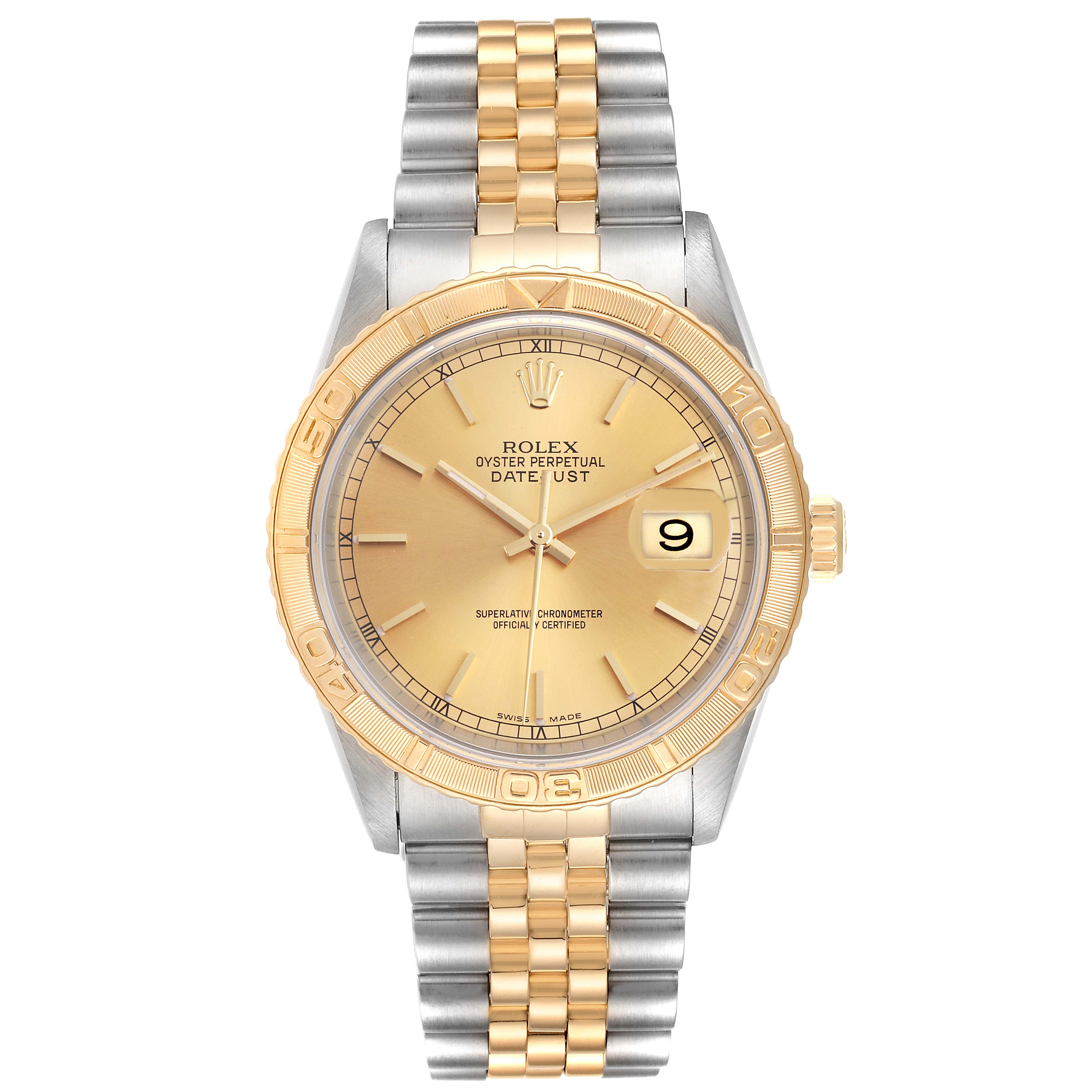 The image shows a front-facing view of a Rolex Turn-o-Graph 16263 Men
s Steel and Gold (two tone) Champagne Dial 16263 Men
s Steel and Gold (two tone) Champagne Dial watch, displaying its dial, bezel, crown, and two-tone bracelet.