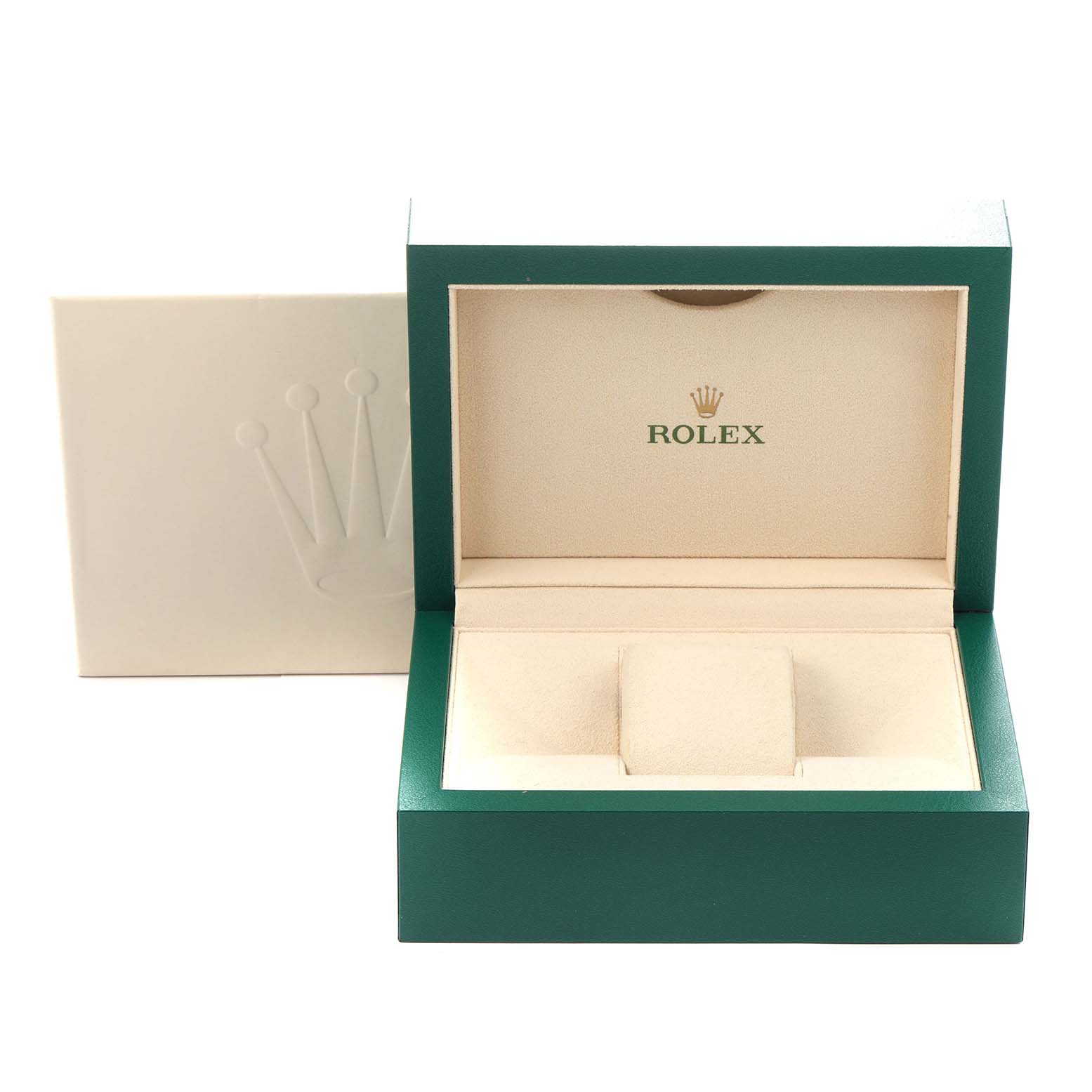 The image shows an open Rolex watch box for a Daytona model, model number 116523, with the inner beige lining and logo visible.