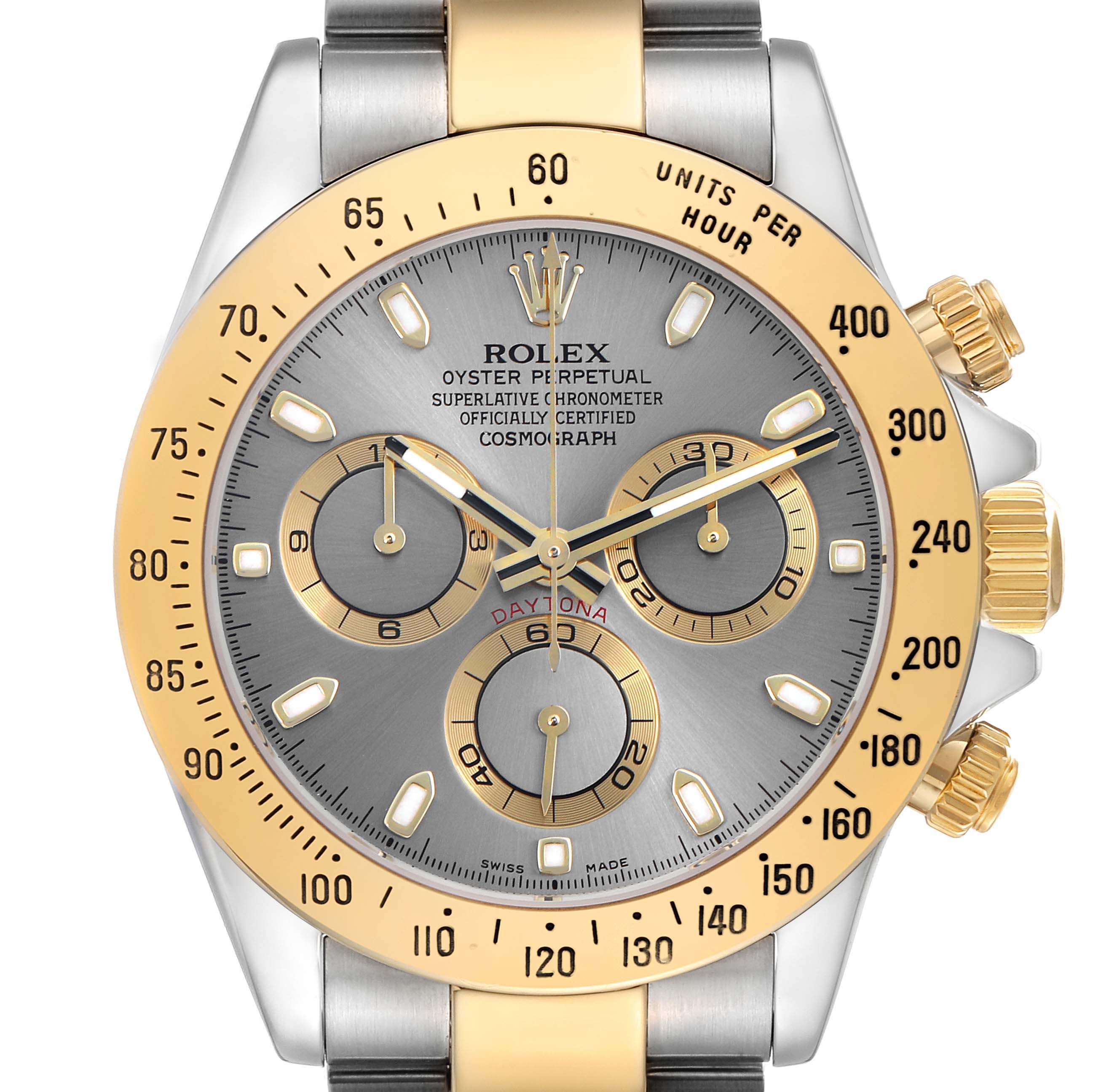 This image shows a Rolex Daytona model 116523 men's watch at a frontal angle, highlighting its dial, hands, subdials, and gold bezel details.