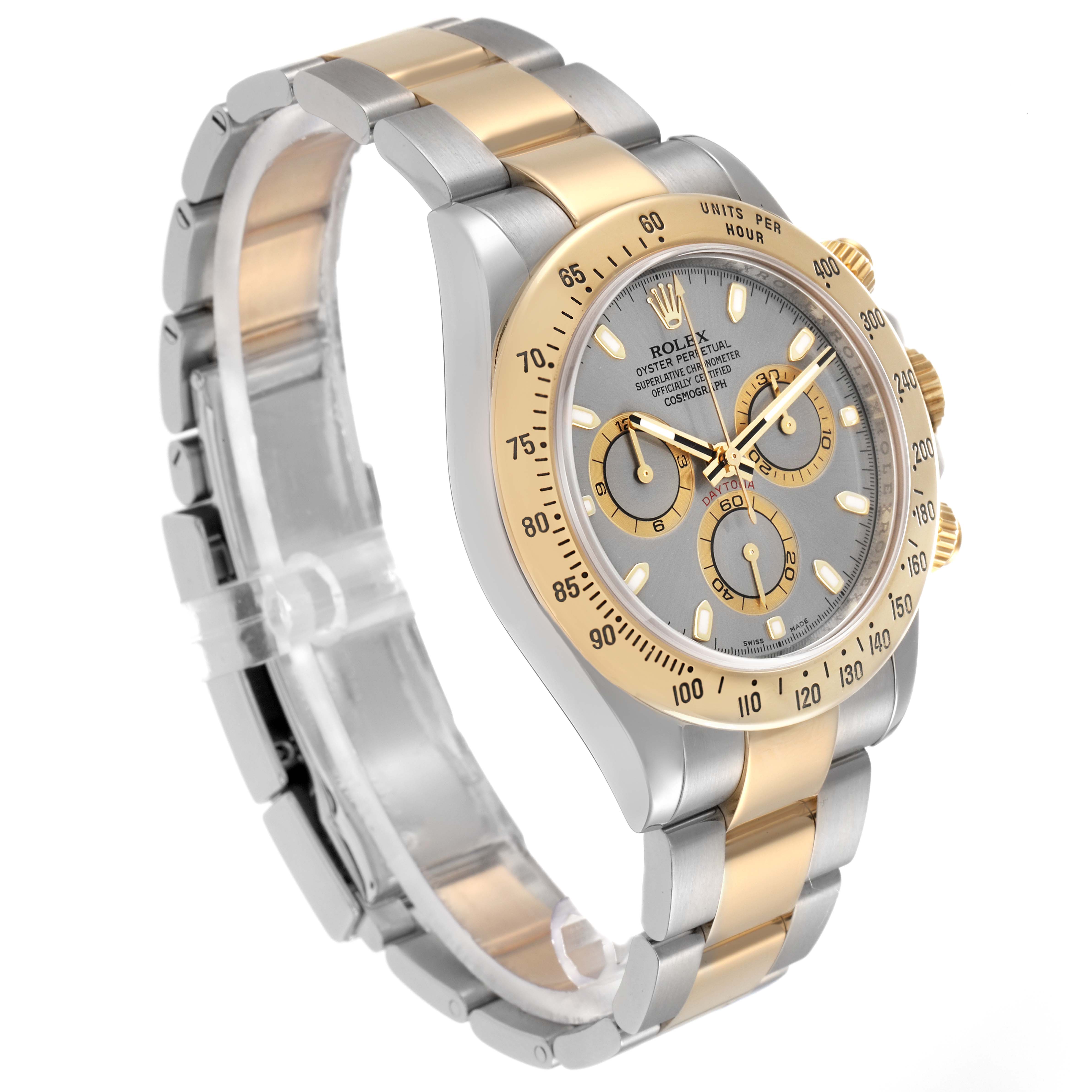 The Rolex Daytona model 116523 is shown at a three-quarter angle, displaying the bezel, dial, bracelet, and crown.
