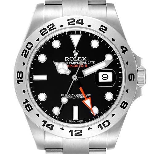 This image shows the Rolex Explorer II watch head-on, highlighting the bezel, dial, crown, and bracelet connection.