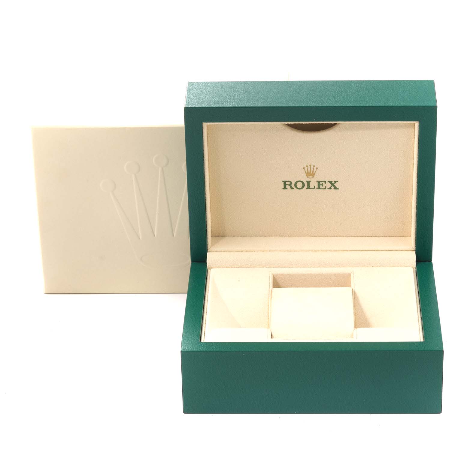 This image shows an open Rolex watch box for the Explorer model, featuring a green and beige design.