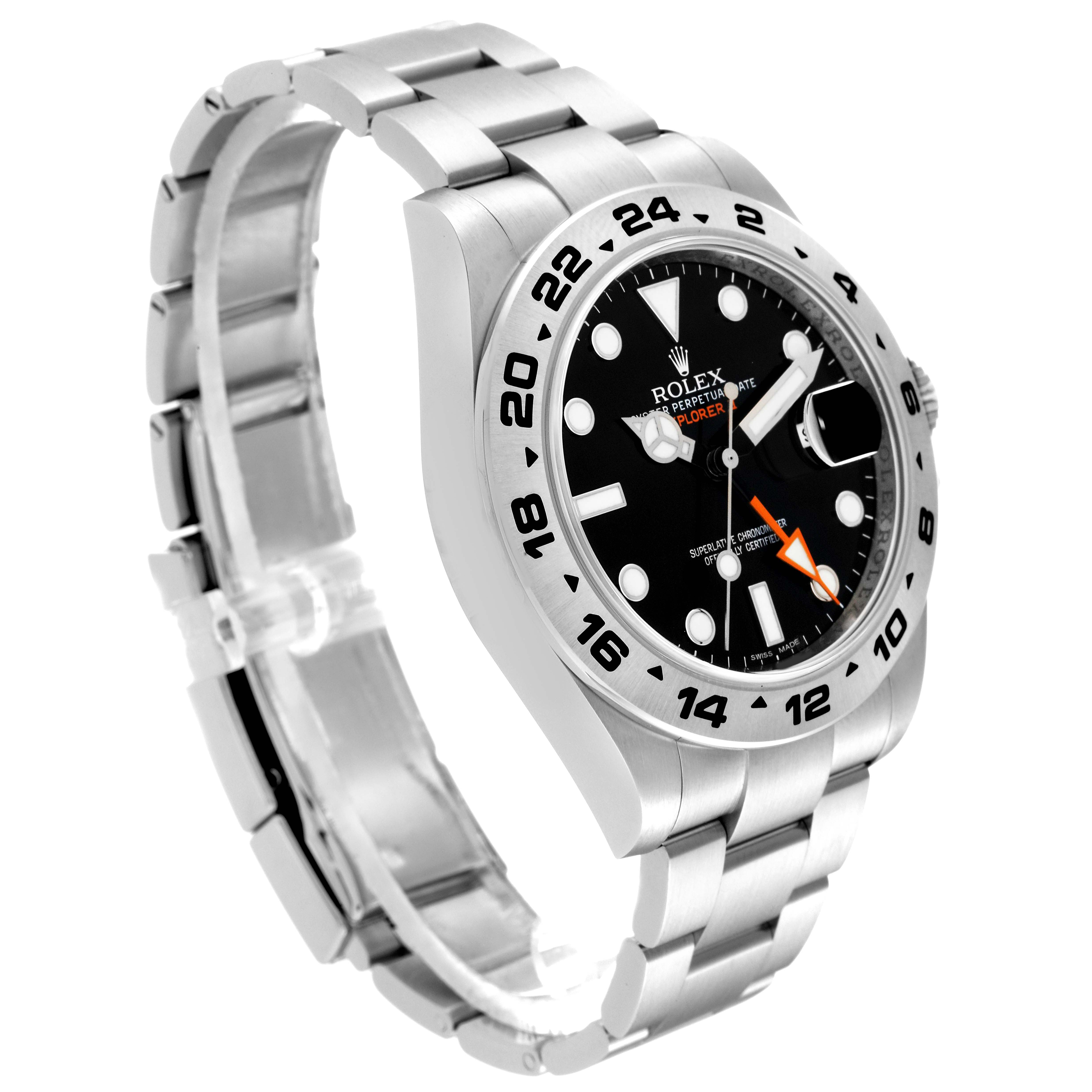 The Rolex Explorer 216570 Men
s Stainless Steel Black Dial 216570 Men
s Stainless Steel Black Dial watch is shown from a front angle, highlighting the face, bezel, and bracelet.