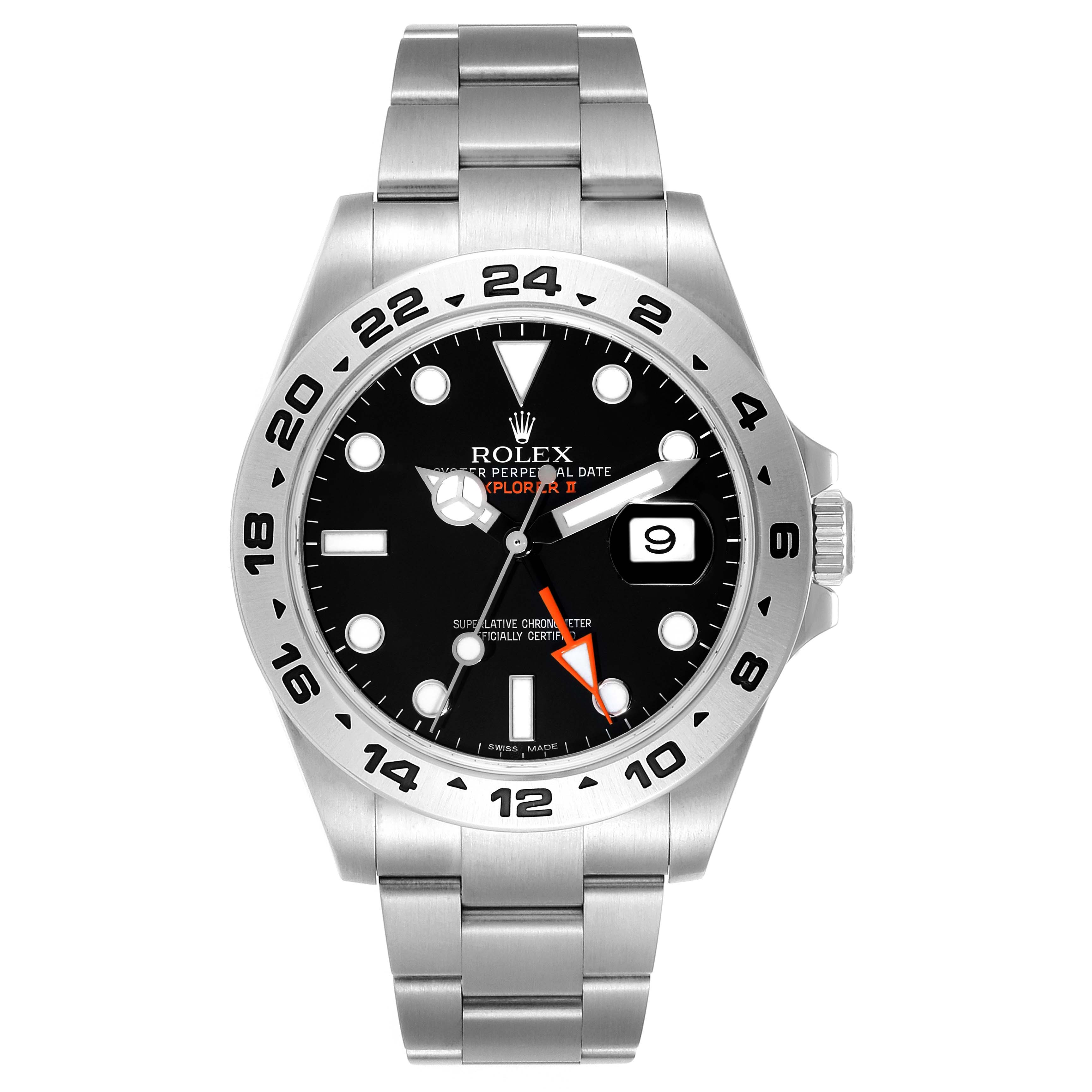 Front view of the Rolex Explorer 216570 Men
s Stainless Steel Black Dial 216570 Men
s Stainless Steel Black Dial watch showing the dial, hands, markers, date window, bezel, and bracelet.