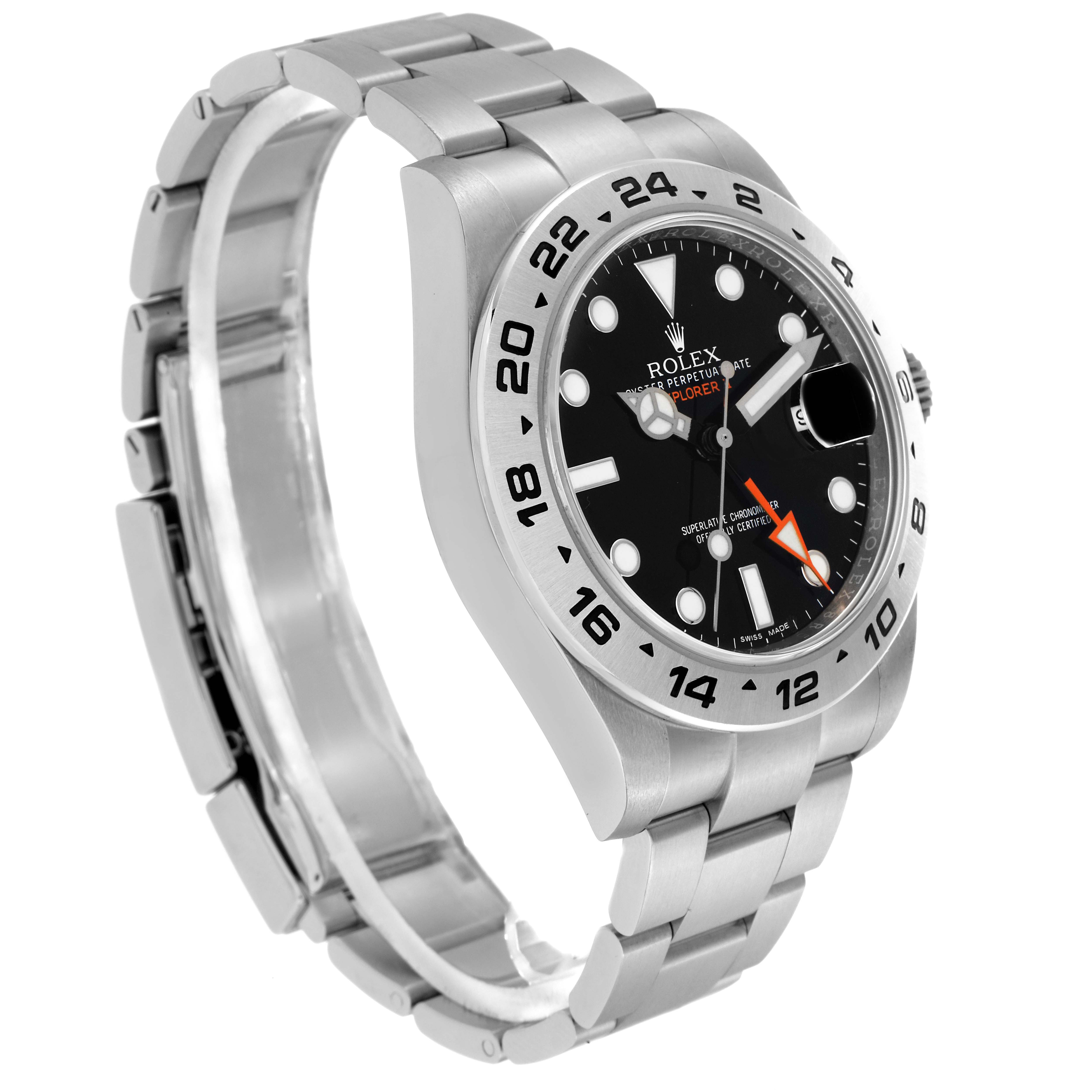 The Rolex Explorer model 216570 watch is shown from a three-quarter angle, highlighting its bezel, dial, crown, and part of its bracelet.