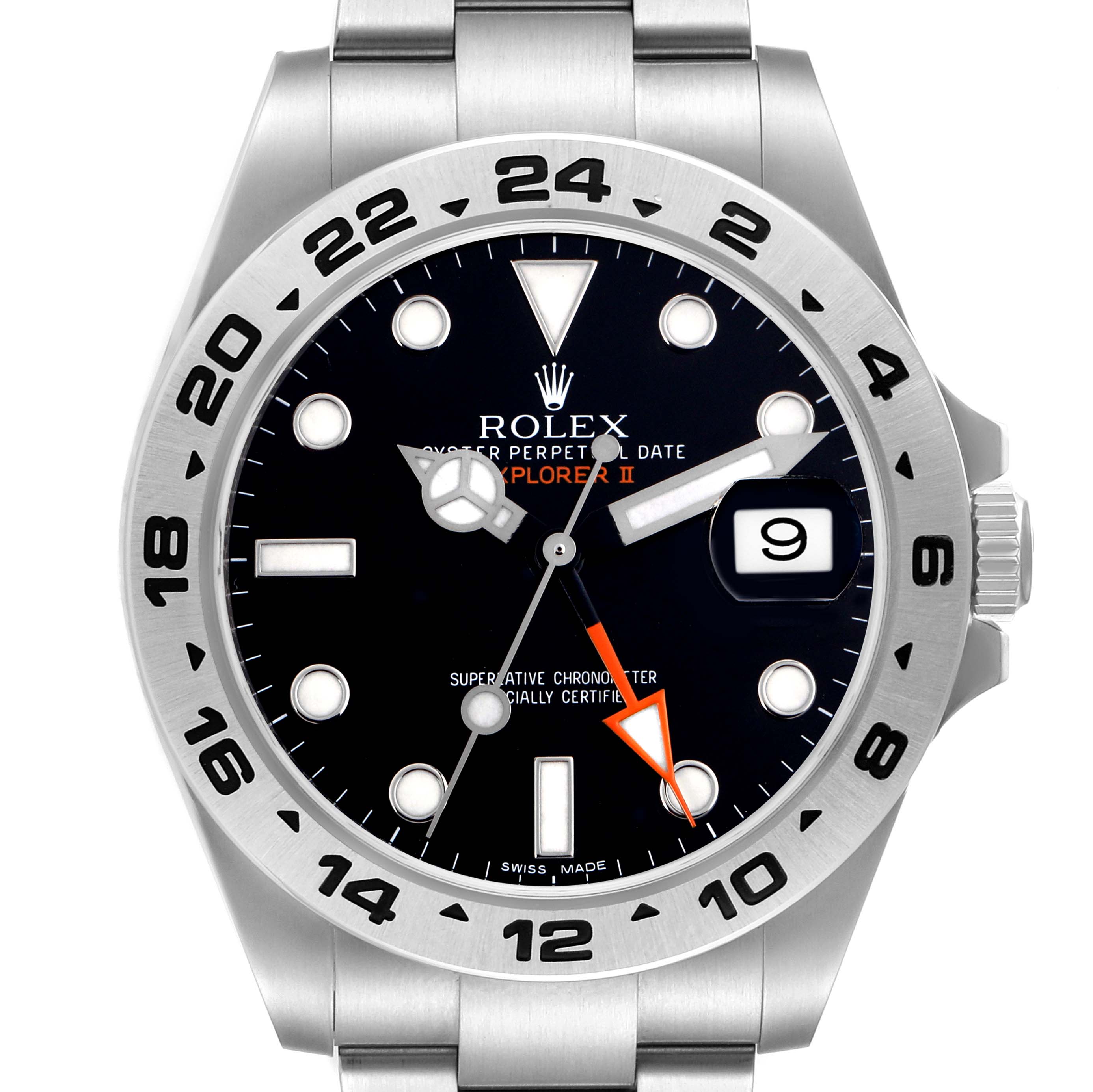 The image shows a front view of the Rolex Explorer II, model number 216570, highlighting the dial, bezel, and watch hands.