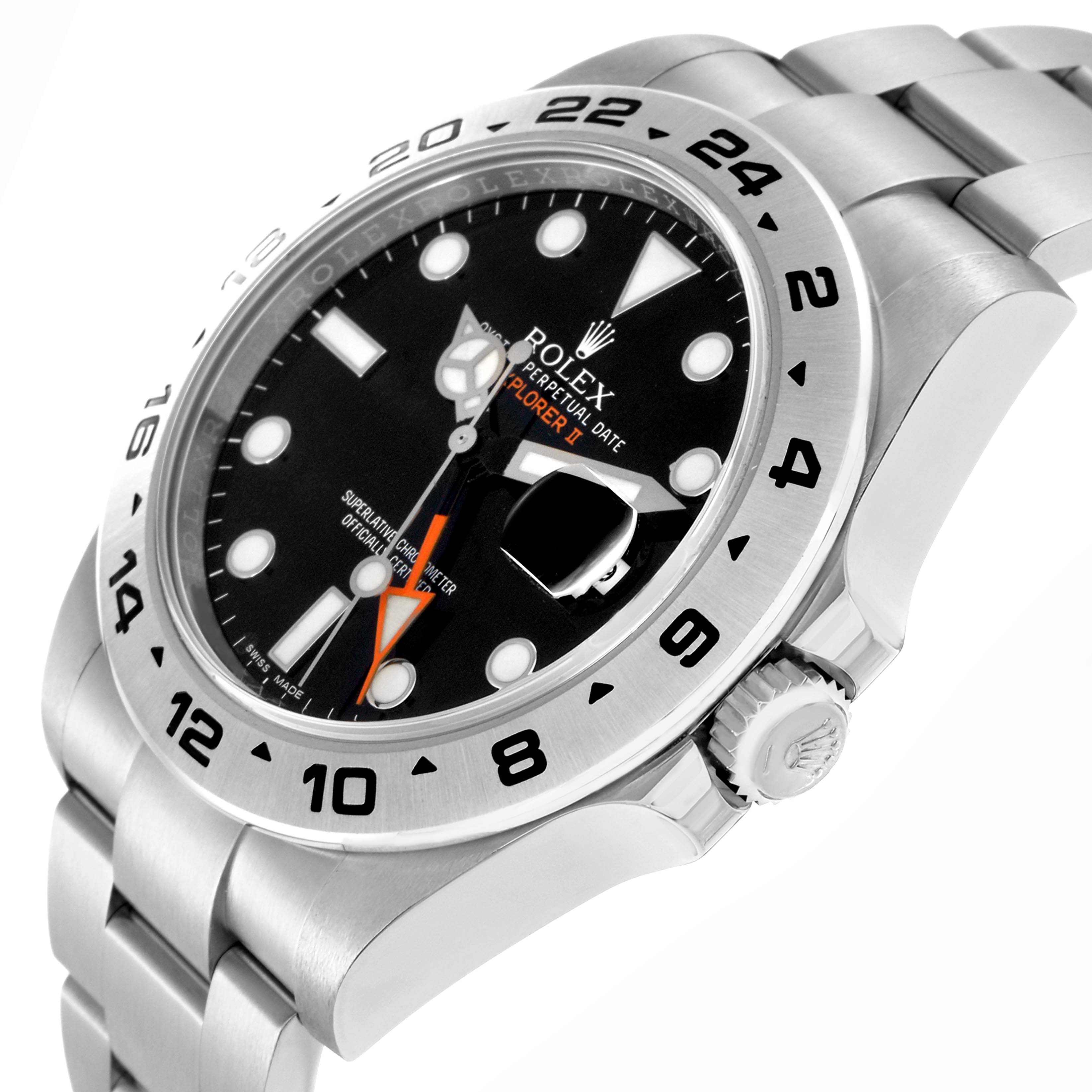 The Rolex Explorer model 216570 is shown at a three-quarter angle, highlighting the bezel, dial, hour markers, hands, crown, and part of the bracelet.