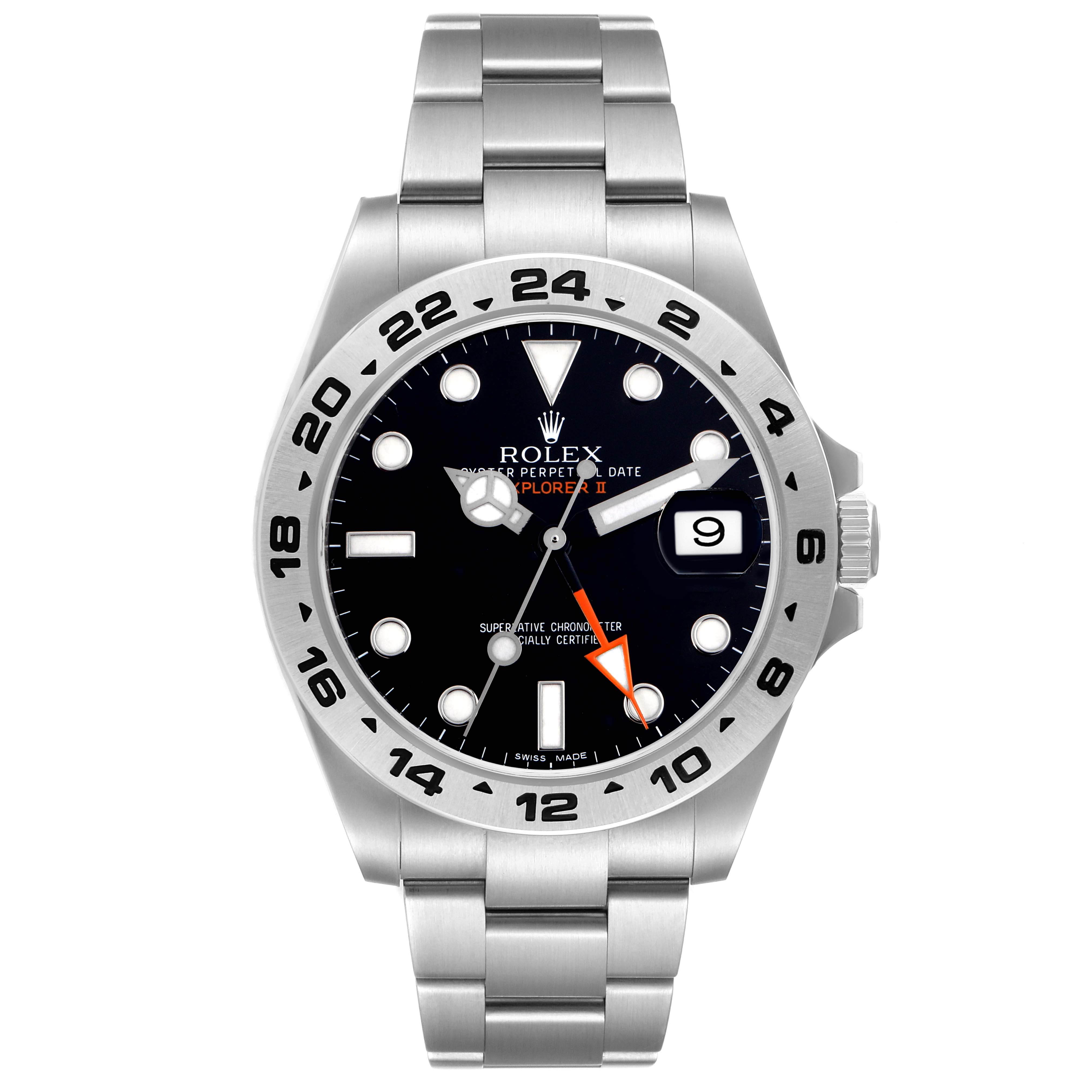 The Rolex Explorer model 216570 is shown from a front angle, highlighting its dial, bezel, crown, and bracelet.
