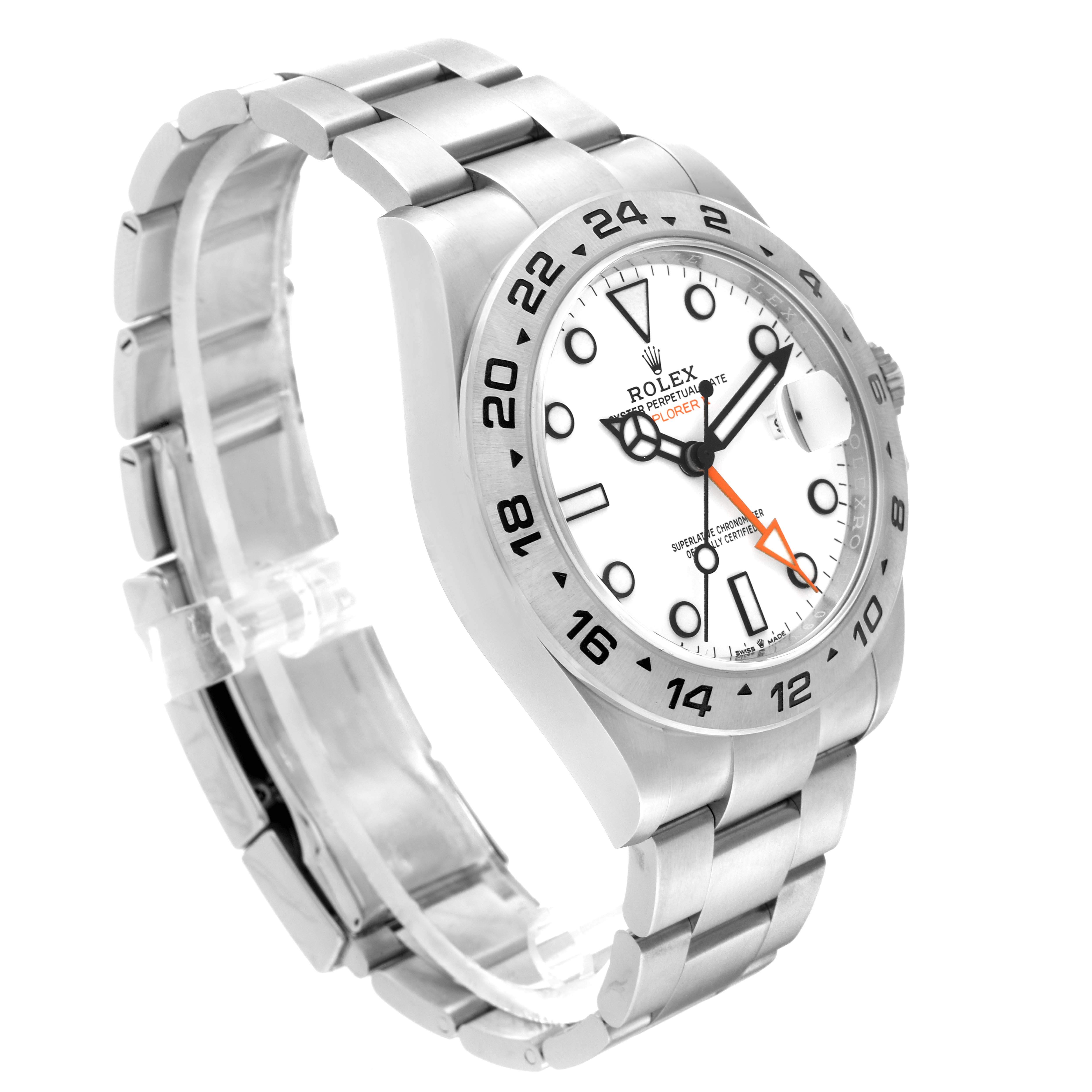 The Rolex Explorer 226570 Men's Stainless Steel White Dial 226570 Men's Stainless Steel White Dial watch is shown at an angle, highlighting the face, bezel, and part of the bracelet.