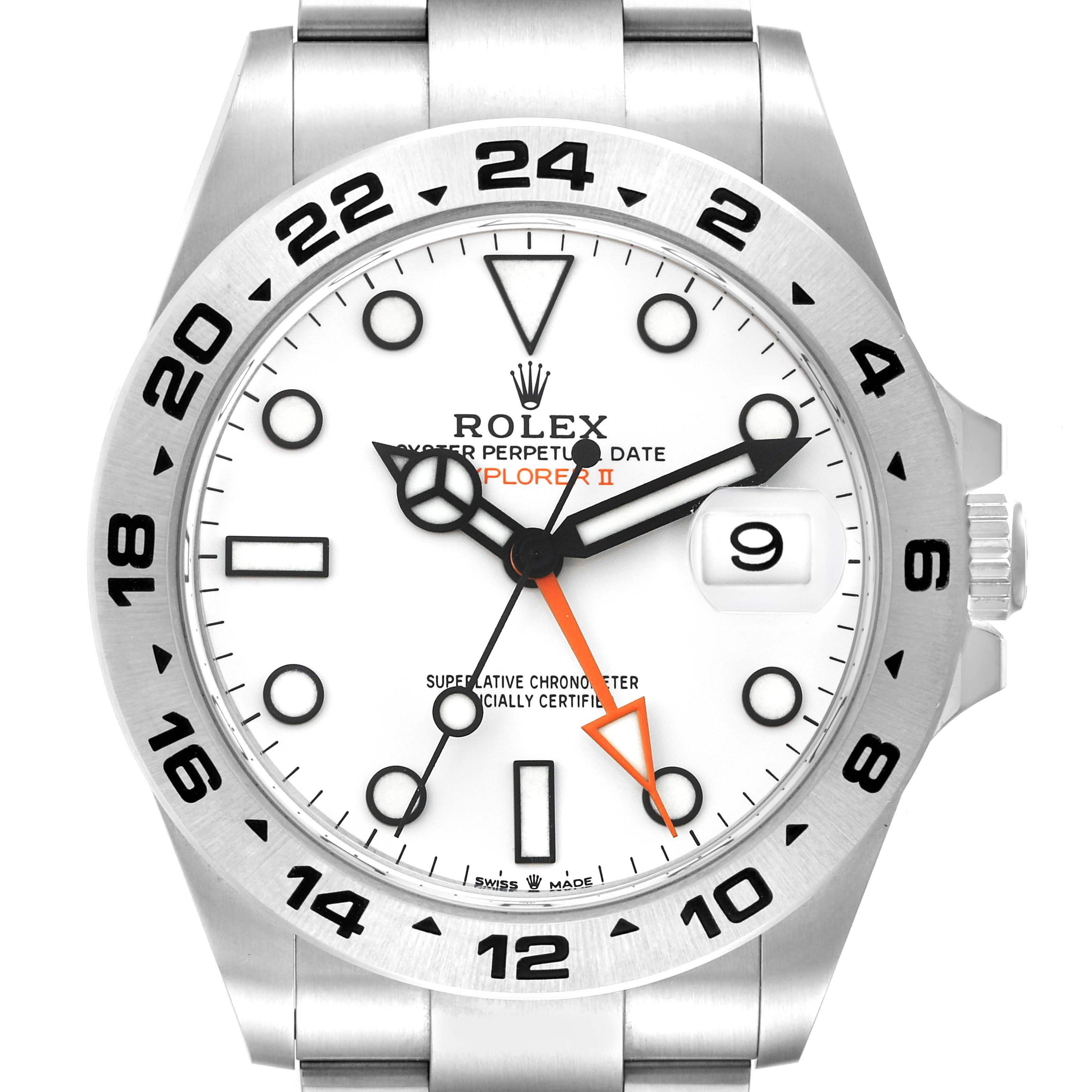 The image shows a front view of a Rolex Explorer 226570 Men's Stainless Steel White Dial 226570 Men's Stainless Steel White Dial watch, highlighting its white dial, hands, date window, and stainless steel bracelet.