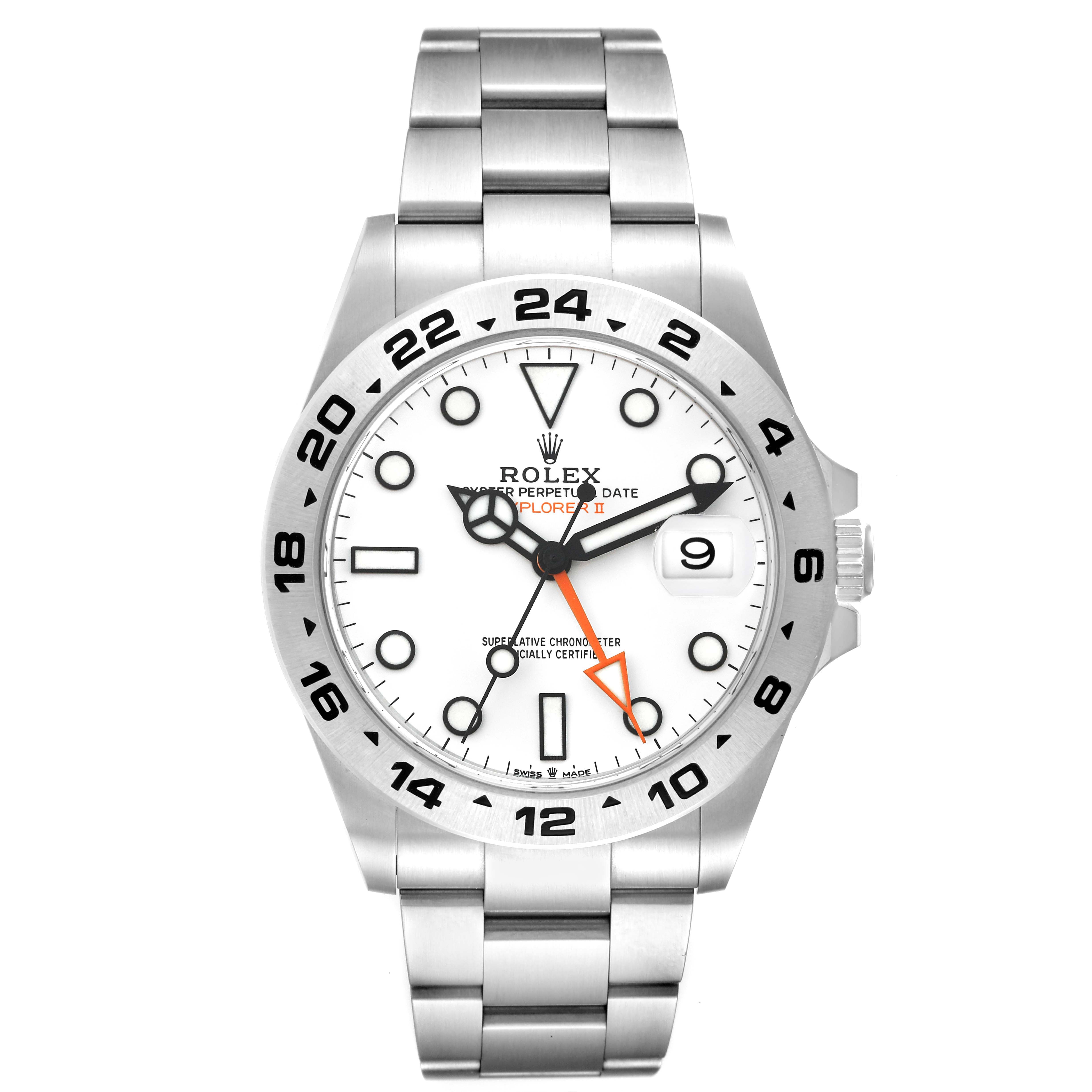 The image shows a front view of a Rolex Explorer 226570 Men's Stainless Steel White Dial 226570 Men's Stainless Steel White Dial watch featuring a white dial and stainless steel bracelet.