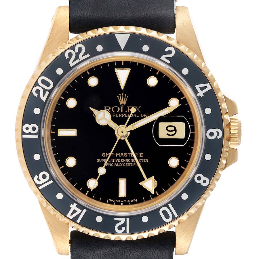Rolex GMT Master II 18K Yellow Gold Black Dial Mens Watch 16718 Box Papers SwissWatchExpo