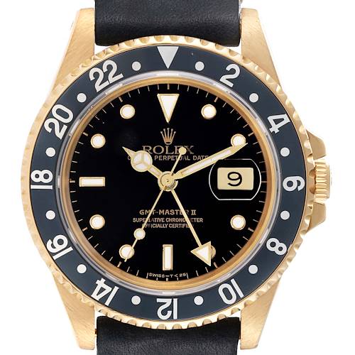 Photo of Rolex GMT Master II 18K Yellow Gold Black Dial Mens Watch 16718 Box Papers