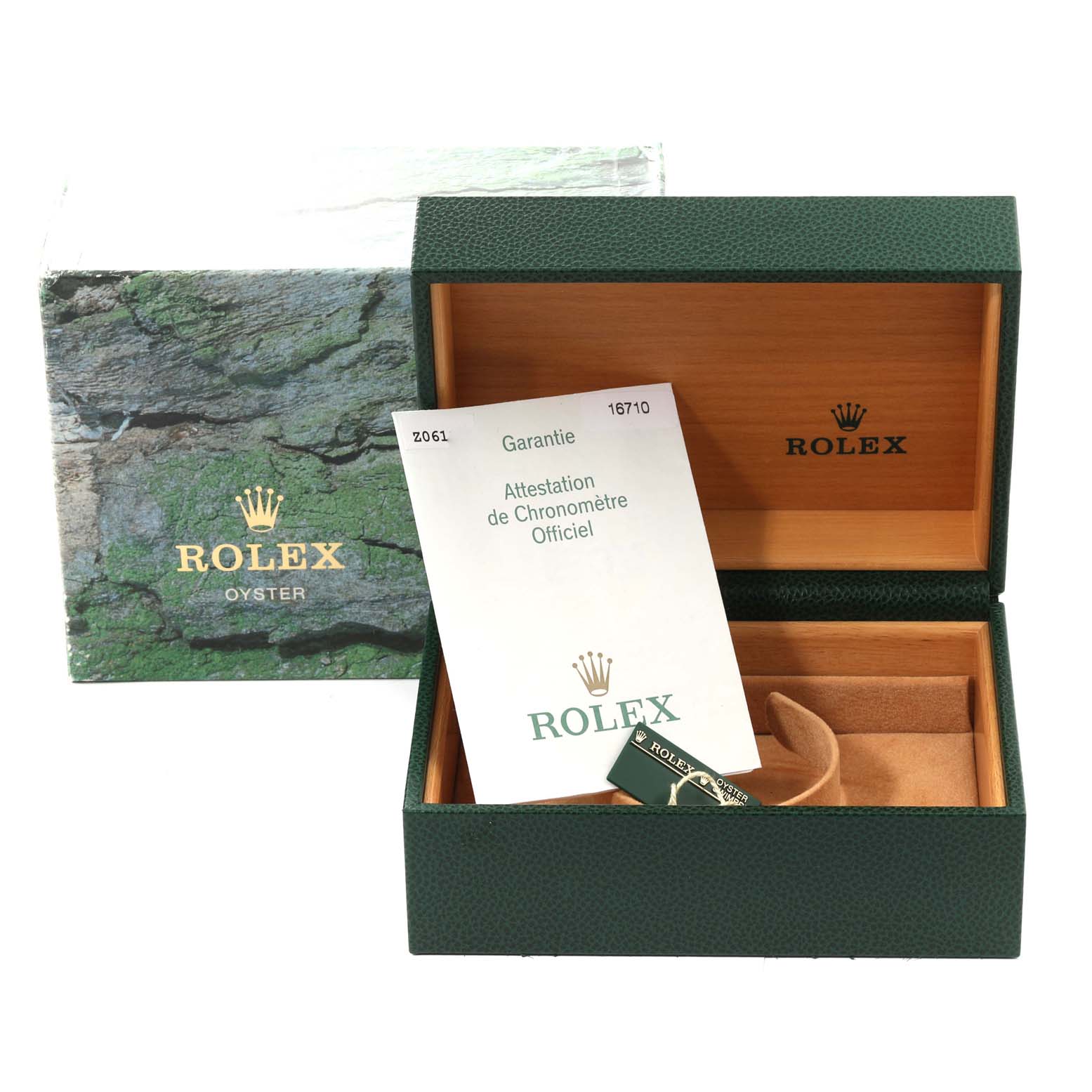 The image shows the packaging, warranty card, and empty box of a Rolex GMT-Master 16710 Men
s Stainless Steel Black Dial 16710 Men
s Stainless Steel Black Dial watch.