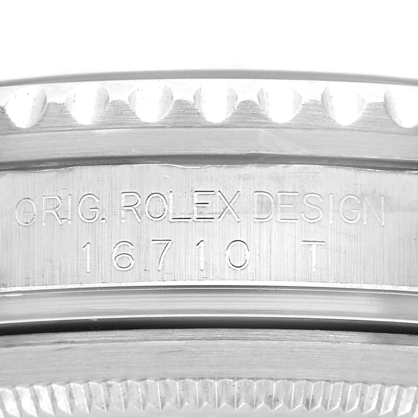 This close-up image shows the case side of a Rolex GMT-Master 16710 Men
s Stainless Steel Black Dial 16710 Men
s Stainless Steel Black Dial watch, with model number 16710 engraved.