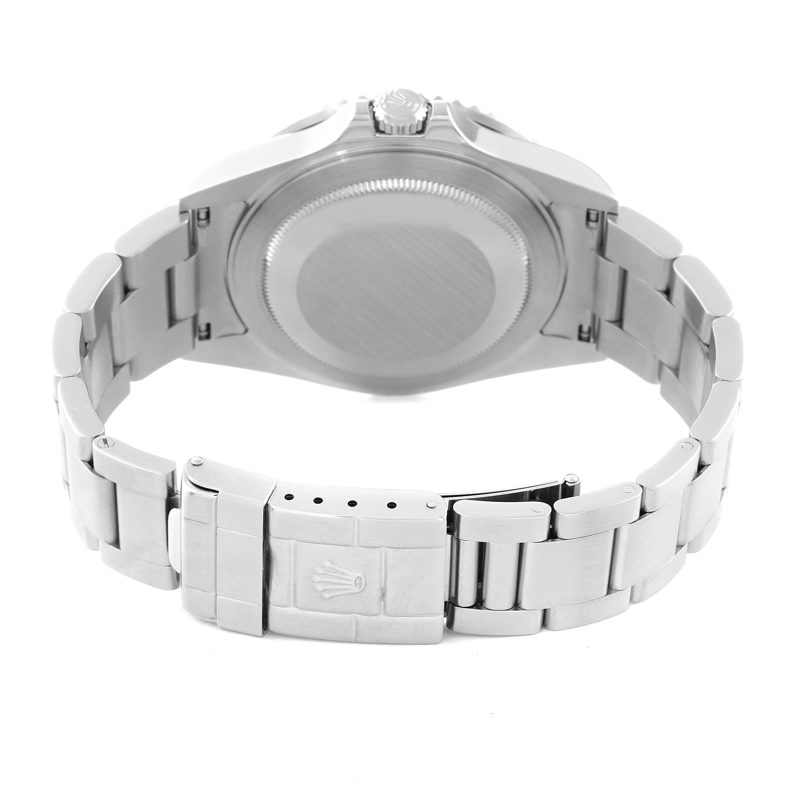 The image shows the back of a Rolex GMT-Master 16710 Men
s Stainless Steel Black Dial 16710 Men
s Stainless Steel Black Dial watch, highlighting the case back and bracelet clasp.