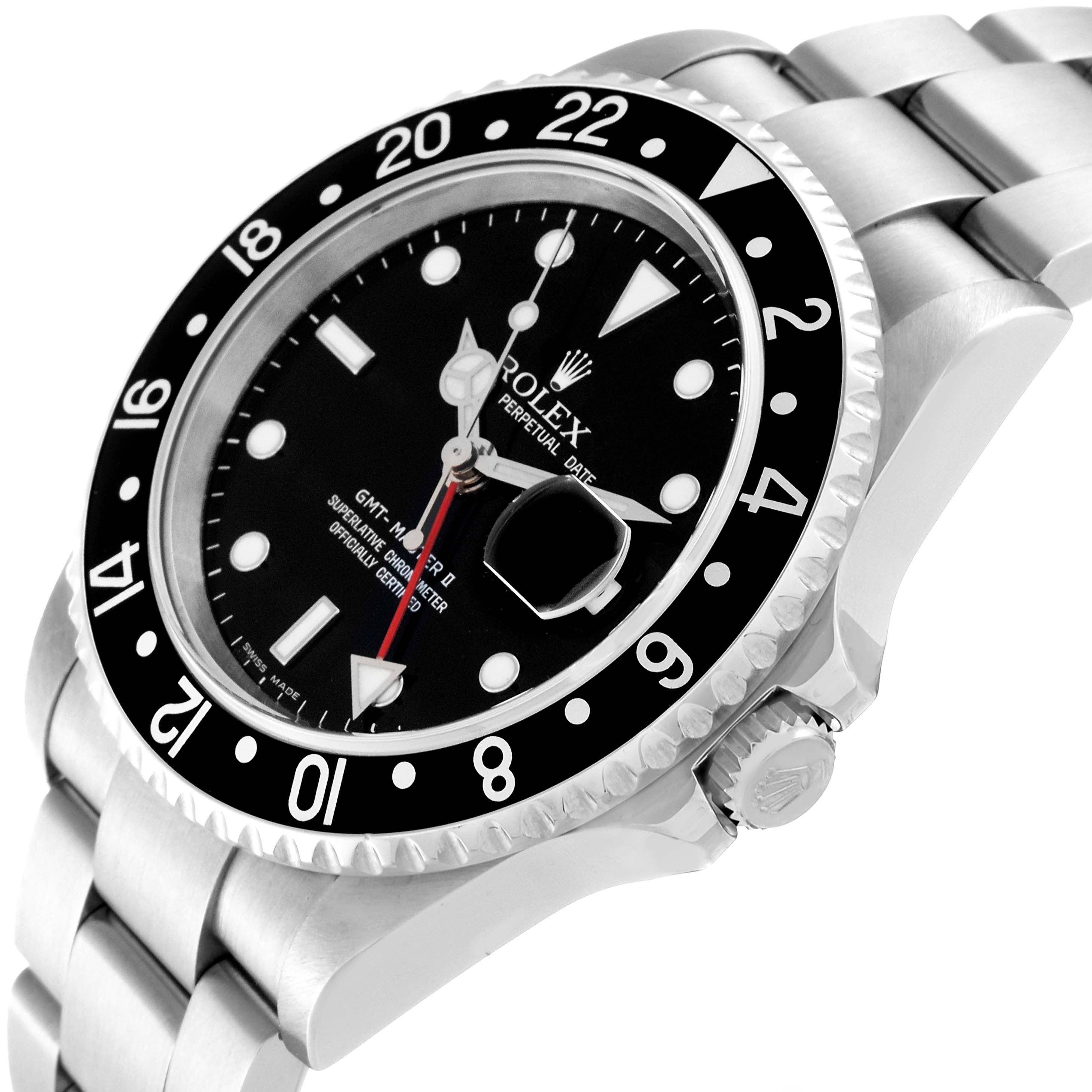 This image shows a close-up angle of a Rolex GMT-Master 16710 Men
s Stainless Steel Black Dial 16710 Men
s Stainless Steel Black Dial watch, highlighting the dial, bezel, and part of the bracelet.