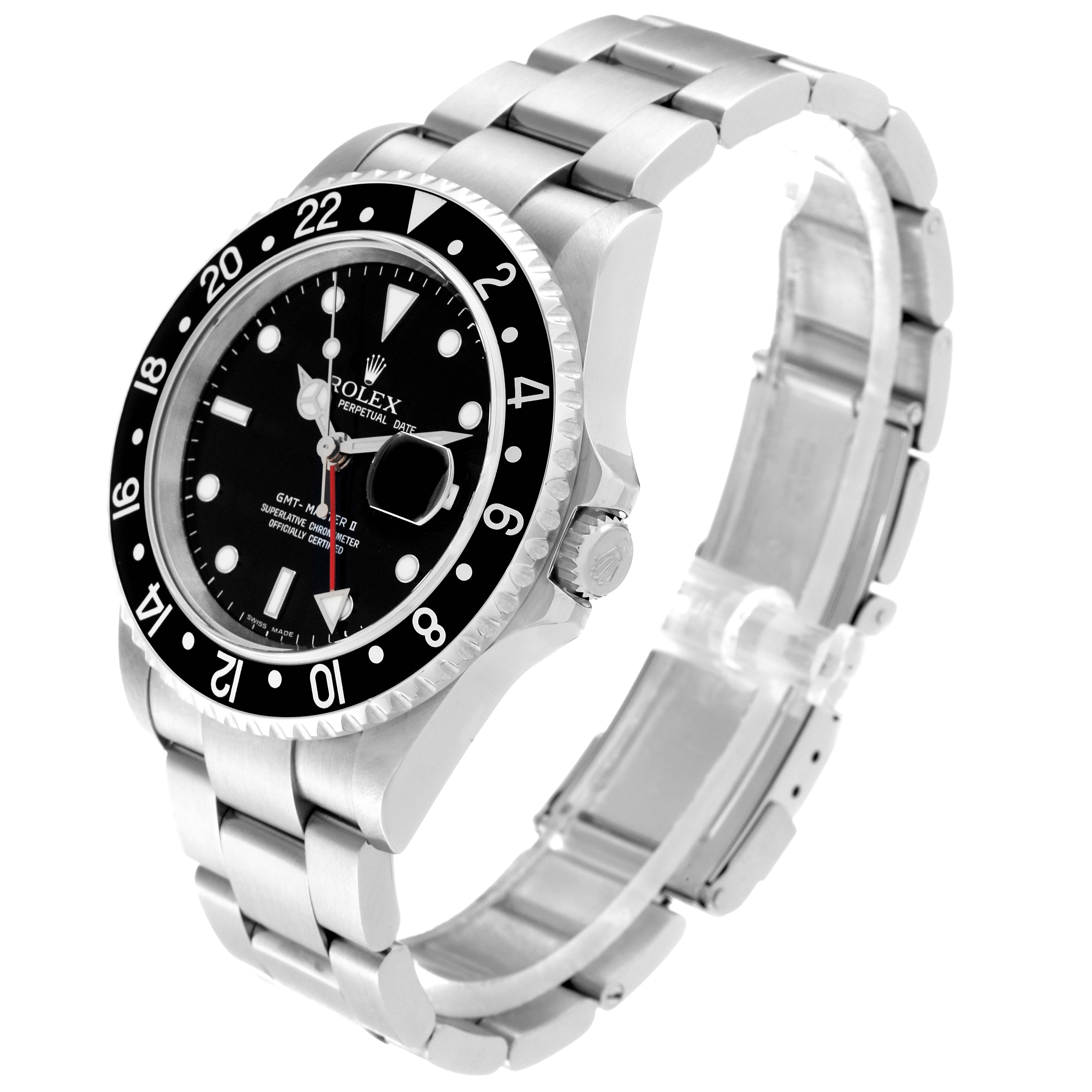 The image shows a Rolex GMT-Master 16710 Men
s Stainless Steel Black Dial 16710 Men
s Stainless Steel Black Dial watch at a three-quarter angle, highlighting the bezel, dial, and stainless steel bracelet.