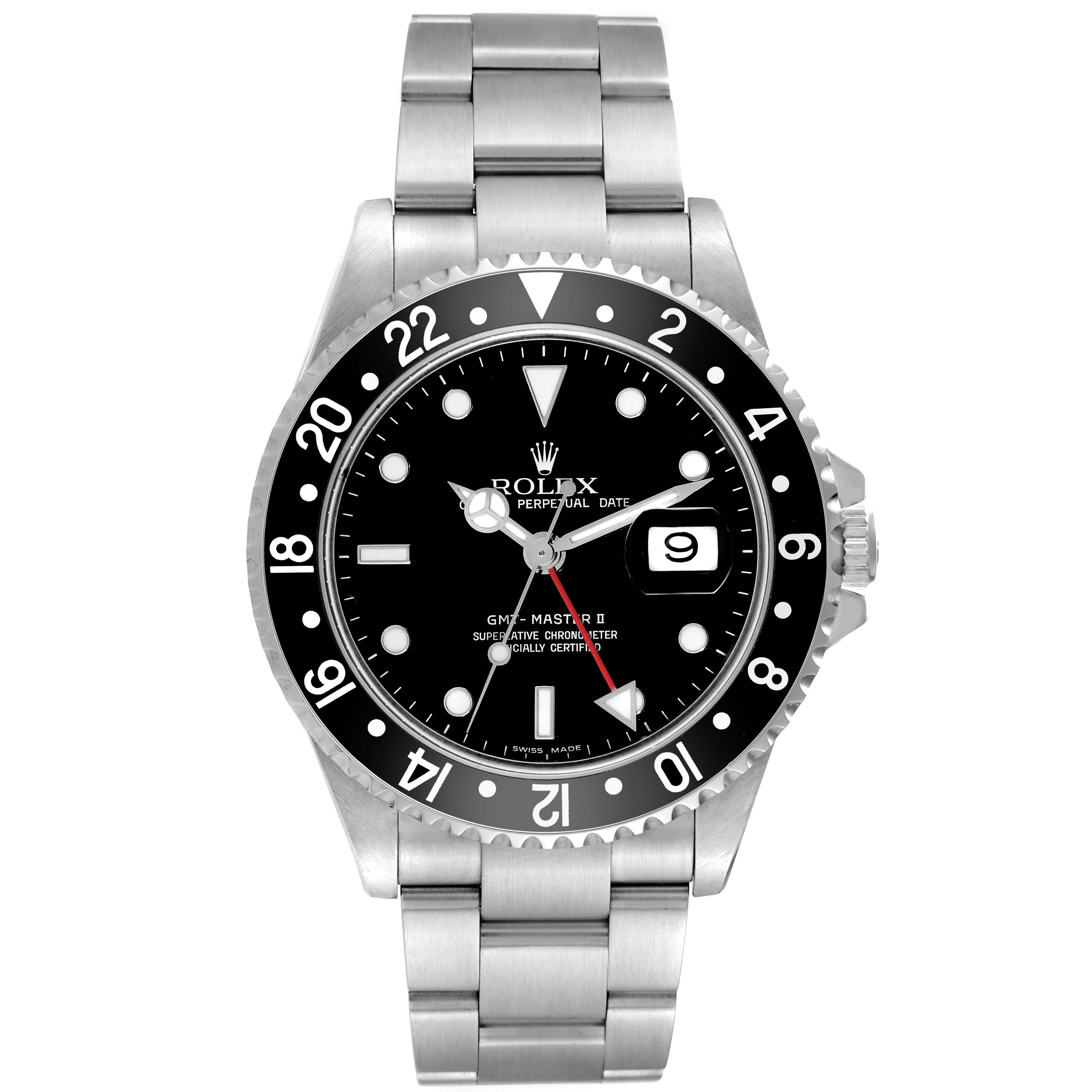 The image shows a front view of a Rolex GMT-Master 16710 Men
s Stainless Steel Black Dial 16710 Men
s Stainless Steel Black Dial II watch, featuring a black dial, numerals, and a stainless steel bracelet.
