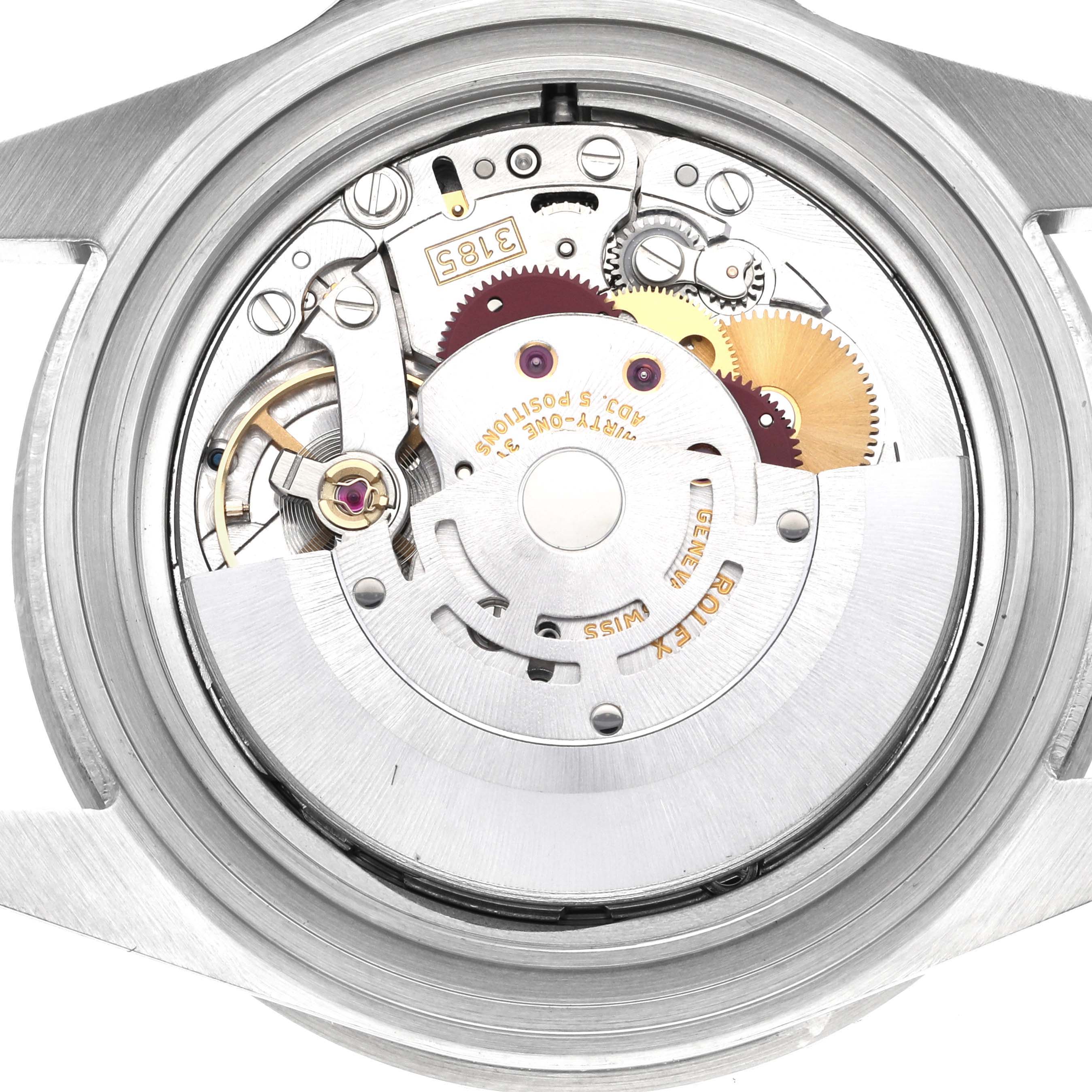 This image shows a close-up of the movement mechanism from the back of a Rolex GMT-Master 16710 Men
s Stainless Steel Black Dial 16710 Men
s Stainless Steel Black Dial watch.