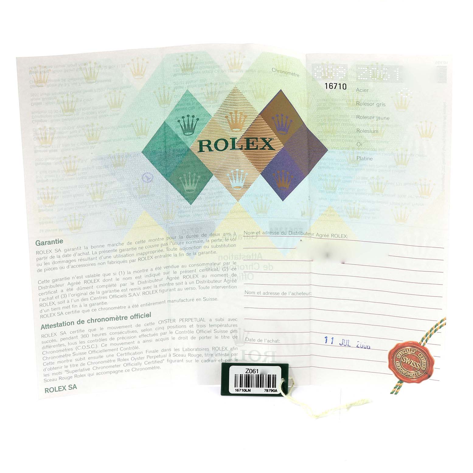 The image shows the warranty certificate and tag for a Rolex GMT-Master 16710 Men
s Stainless Steel Black Dial 16710 Men
s Stainless Steel Black Dial model.