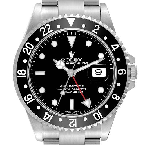 The Rolex GMT-Master II watch is shown from a front angle displaying its dial, bezel, hands, crown, and bracelet.