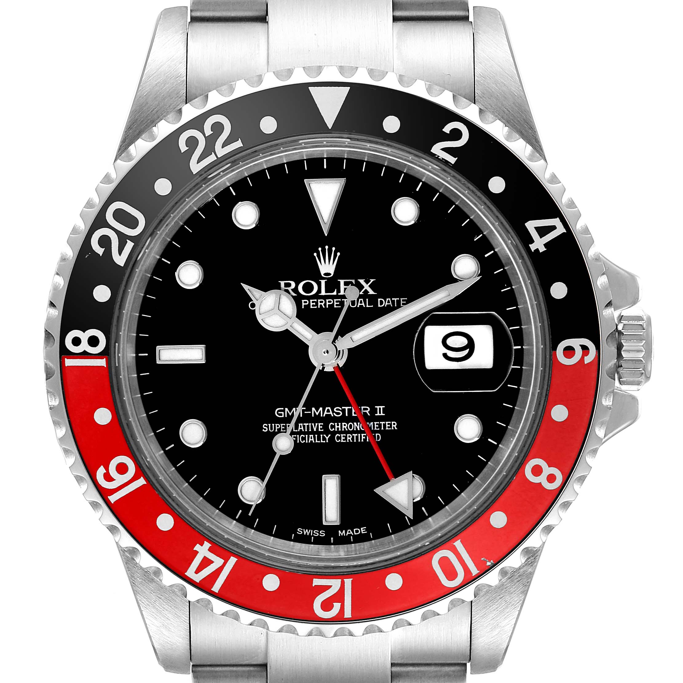 This image shows a front view of the Rolex GMT-Master 16710 Men
s Stainless Steel Black Dial 16710 Men
s Stainless Steel Black Dial II watch, highlighting the dial, bezel, and part of the bracelet.
