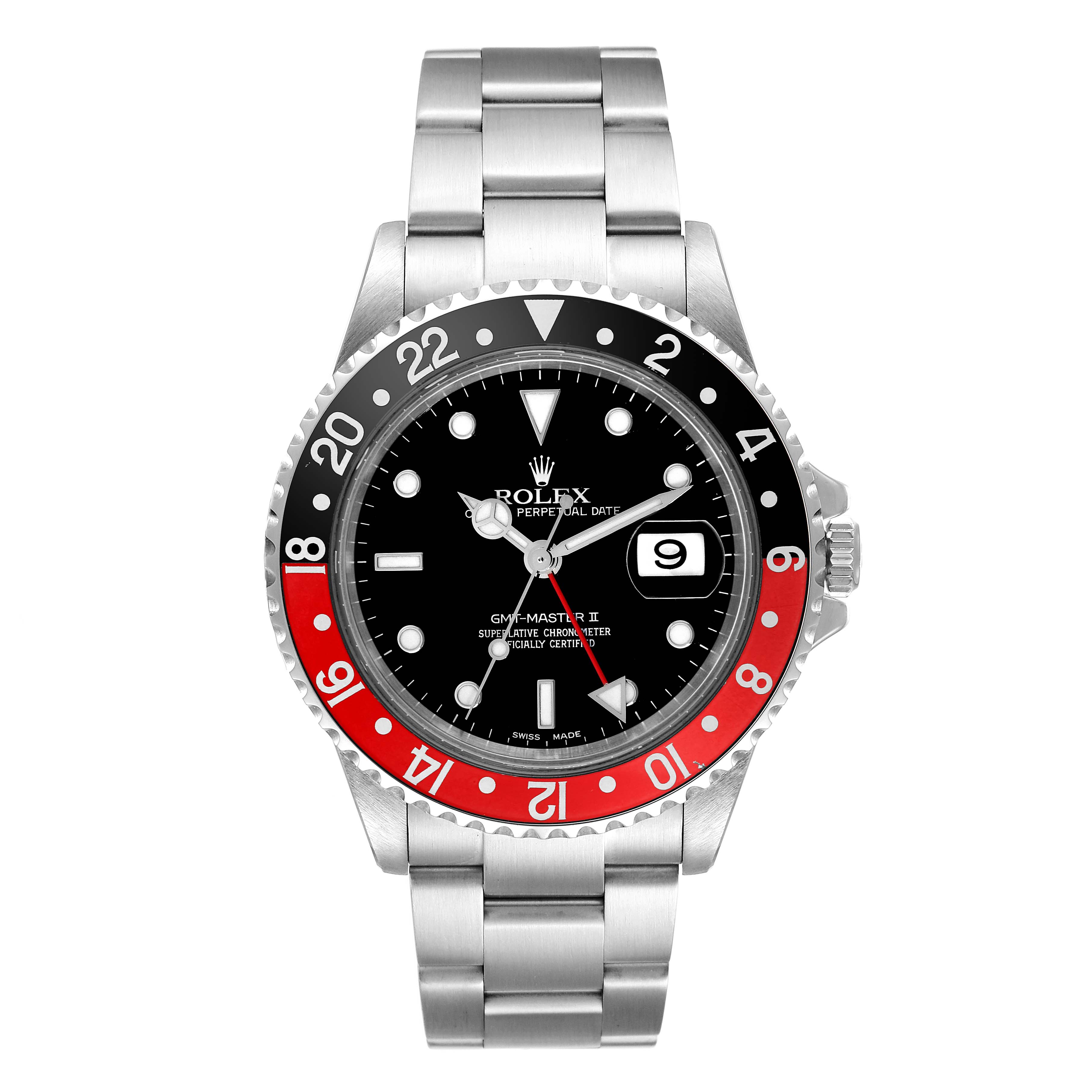 This image shows a frontal view of a Rolex GMT-Master 16710 Men
s Stainless Steel Black Dial 16710 Men
s Stainless Steel Black Dial watch, displaying its dial, bezel, and bracelet.