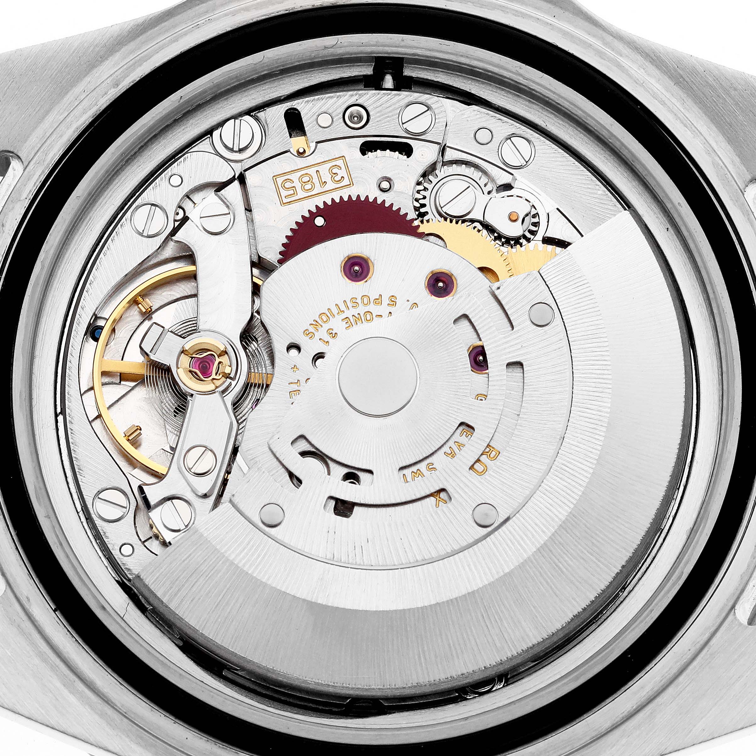 This image shows a close-up view of the Rolex GMT-Master 16710 Men
s Stainless Steel Black Dial 16710 Men
s Stainless Steel Black Dial
s intricate movement and internal components.