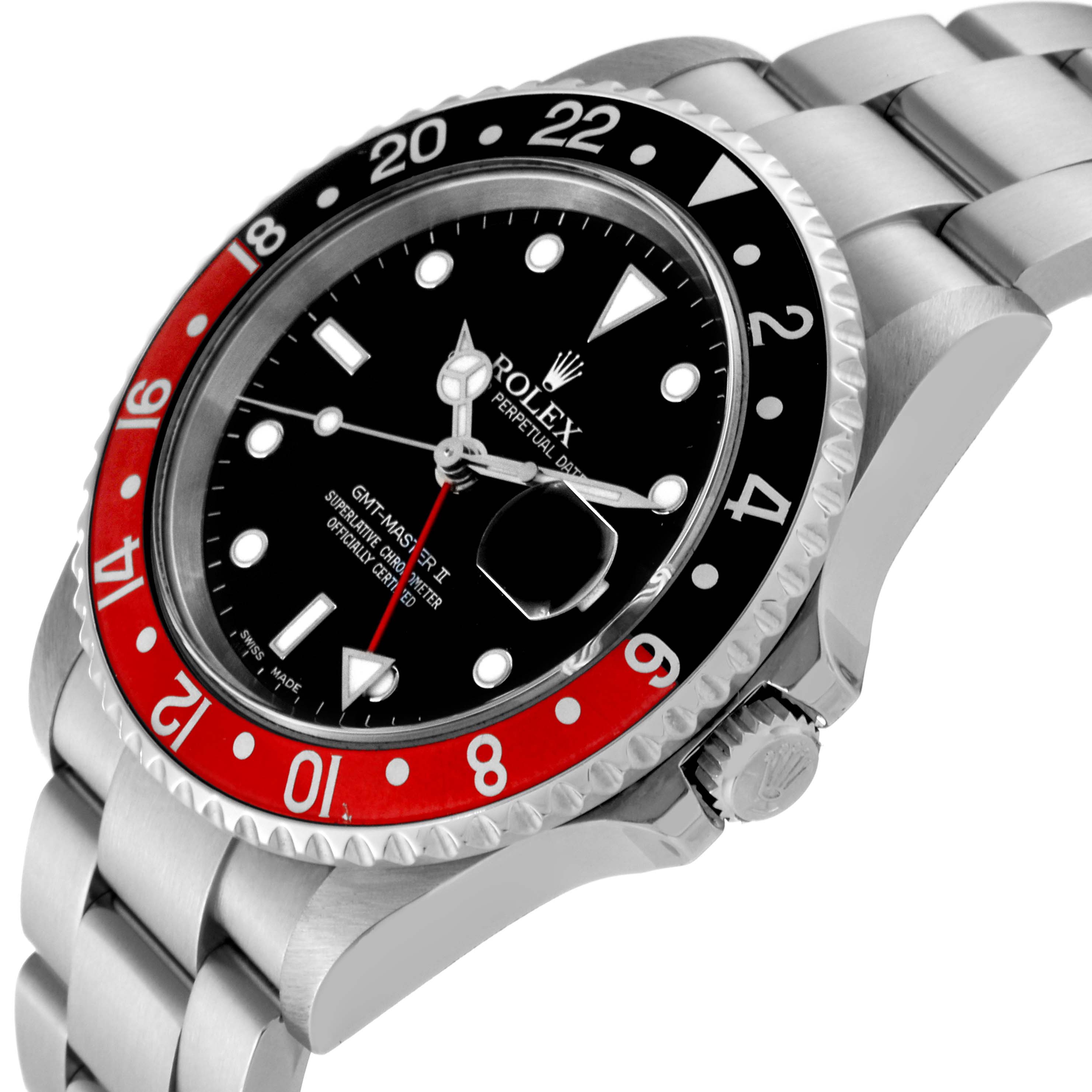 This image shows a Rolex GMT-Master 16710 Men
s Stainless Steel Black Dial 16710 Men
s Stainless Steel Black Dial II watch from an angled side view, highlighting the bezel, dial, and bracelet.