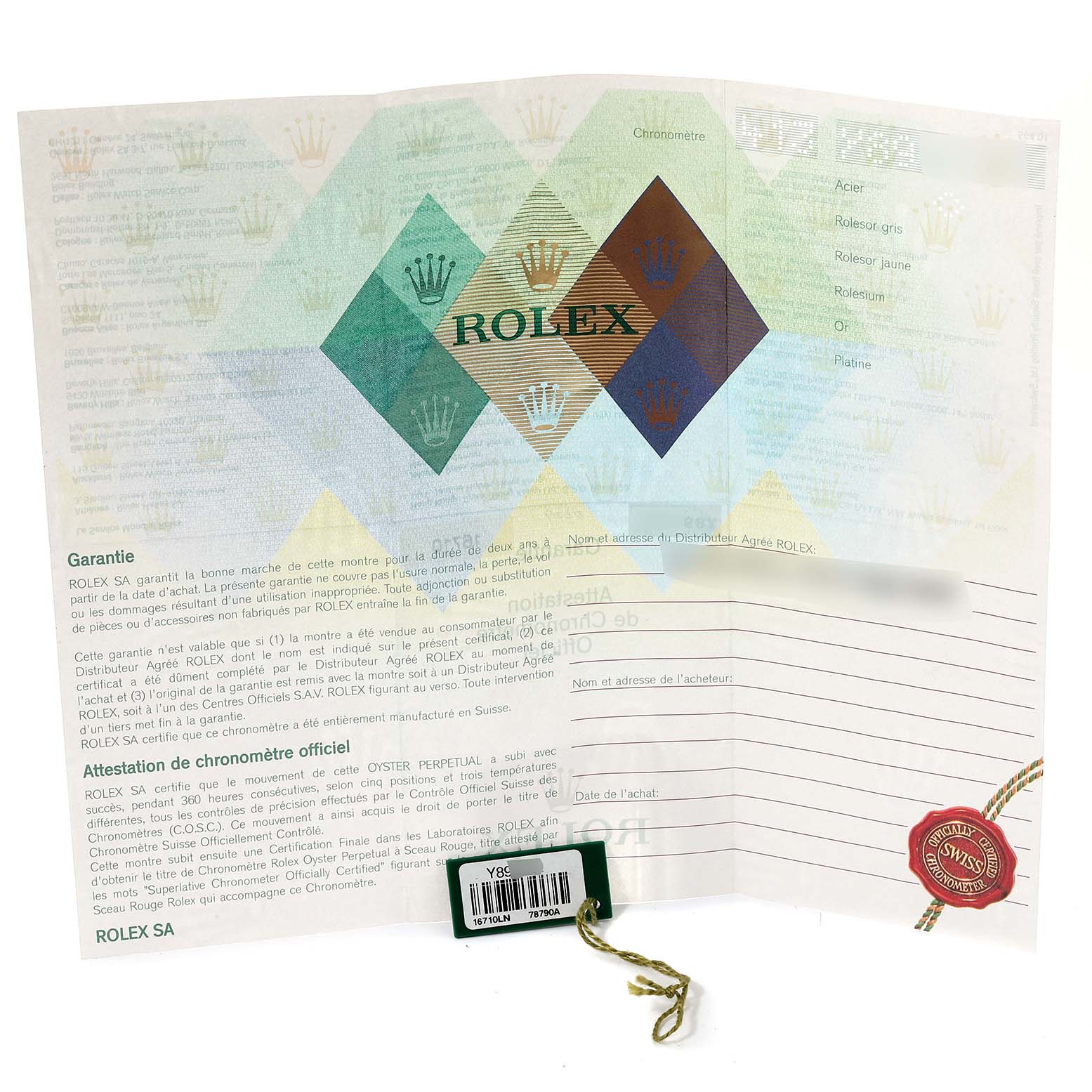 The image shows a warranty card and tag accessories for the Rolex GMT-Master 16710 Men
s Stainless Steel Black Dial 16710 Men
s Stainless Steel Black Dial watch.