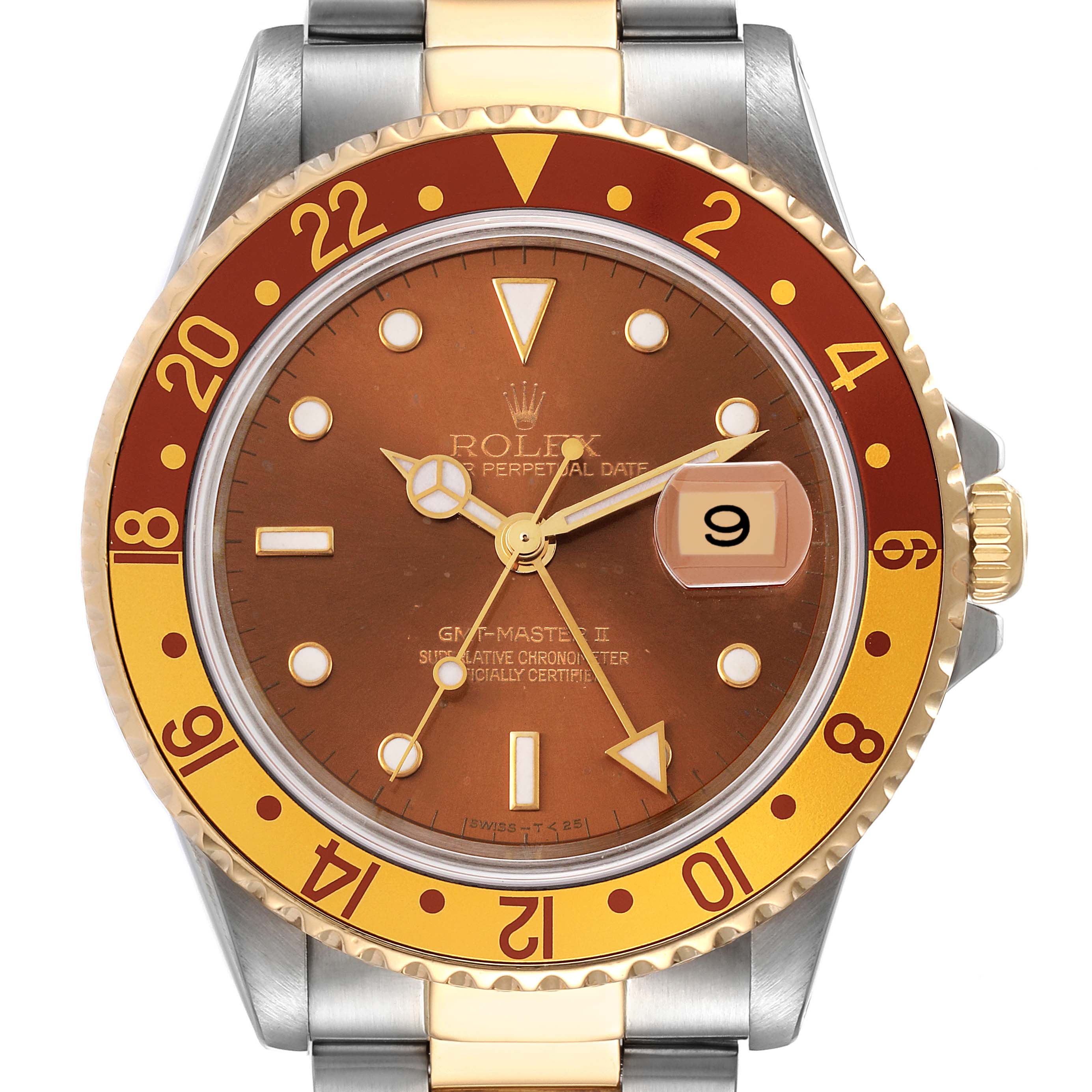 The image shows a front view of the Rolex GMT-Master 16713 Men's Steel and Gold (two tone) Brown Dial 16713 Men's Steel and Gold (two tone) Brown Dial watch, highlighting its brown dial, gold bezel, and steel and gold bracelet.