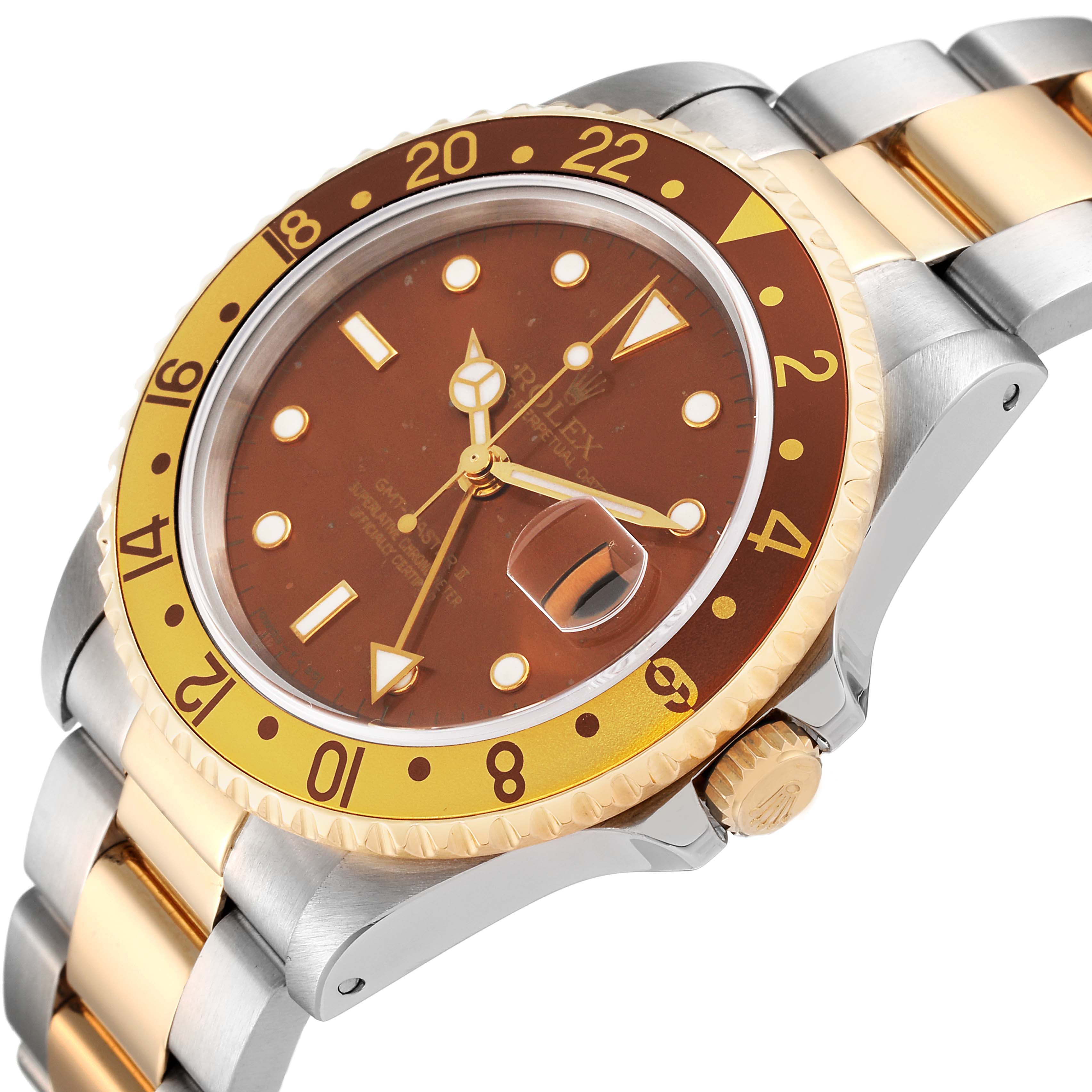 This image shows a close-up of the Rolex GMT-Master 16713 Men's Steel and Gold (two tone) Brown Dial 16713 Men's Steel and Gold (two tone) Brown Dial watch from an angled side view, highlighting the dial, bezel, and bracelet.