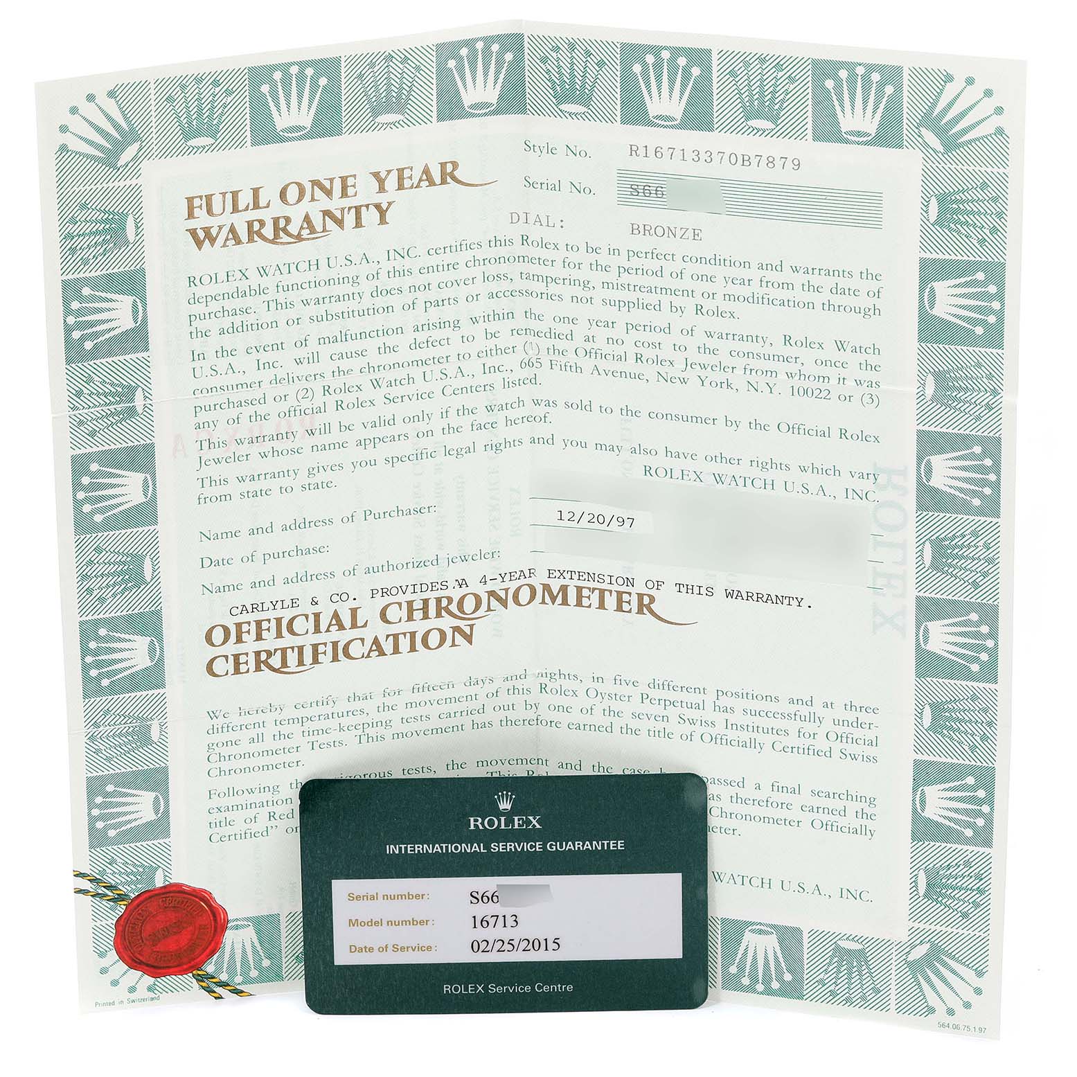 The image shows warranty documentation for a Rolex GMT-Master 16713 Men's Steel and Gold (two tone) Brown Dial 16713 Men's Steel and Gold (two tone) Brown Dial model and an international service guarantee card.