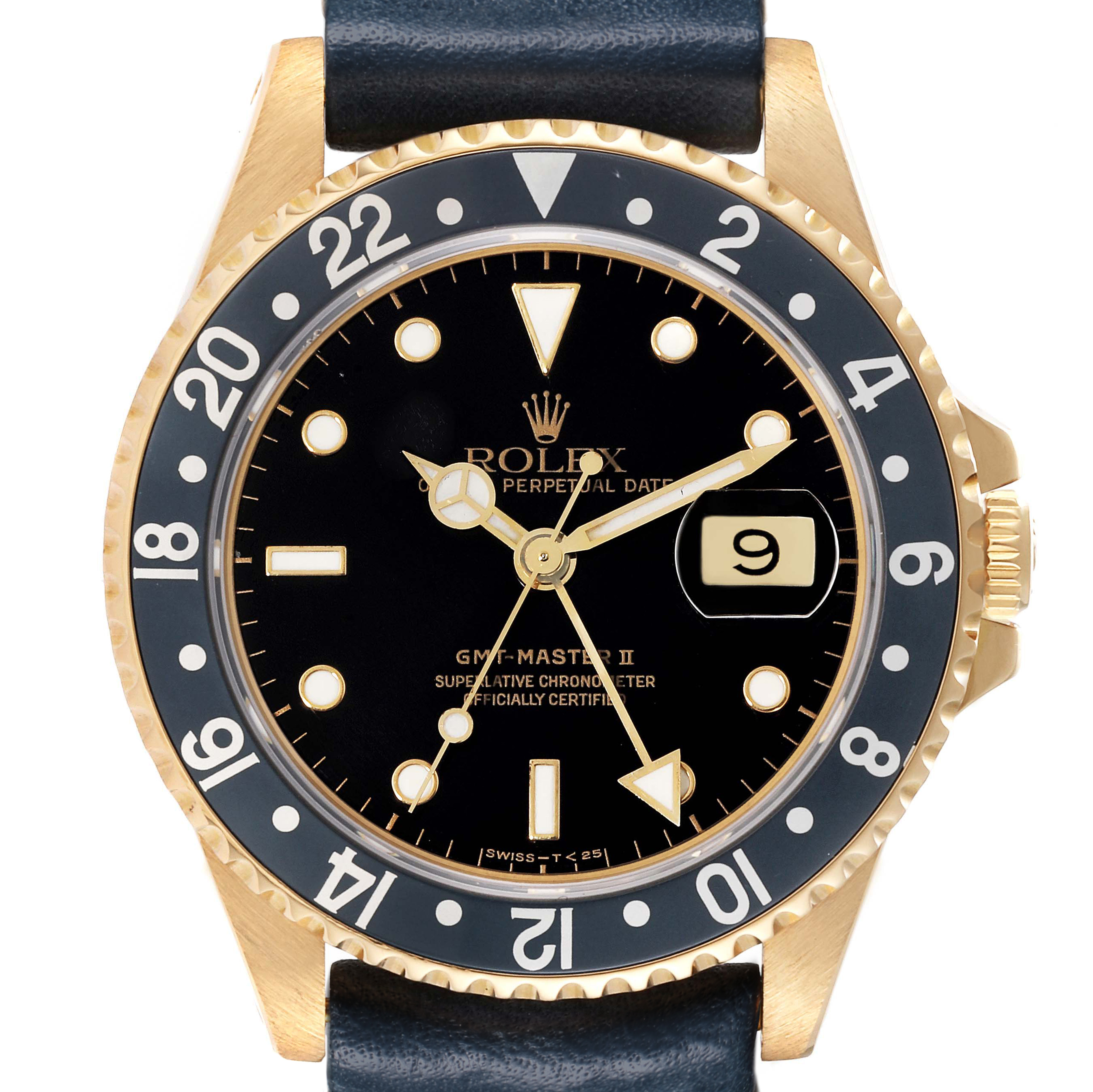 The Rolex GMT-Master 16718 Men's Yellow Gold Black Dial watch is shown from a top view, highlighting the bezel, dial, case, and crown.