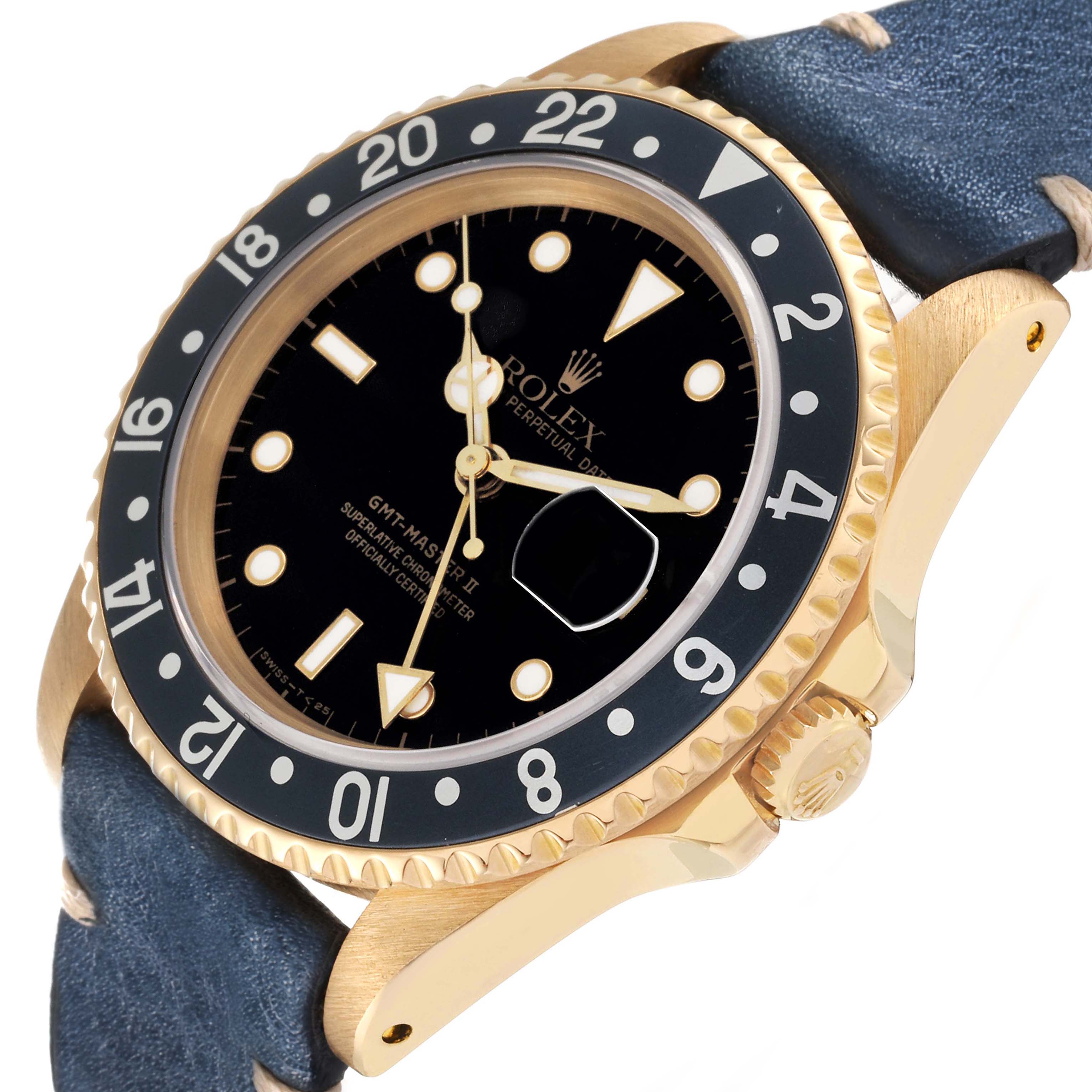 The Rolex GMT-Master 16718 Men's Yellow Gold Black Dial watch is shown at an angle displaying the bezel, dial, hands, crown, and leather strap.