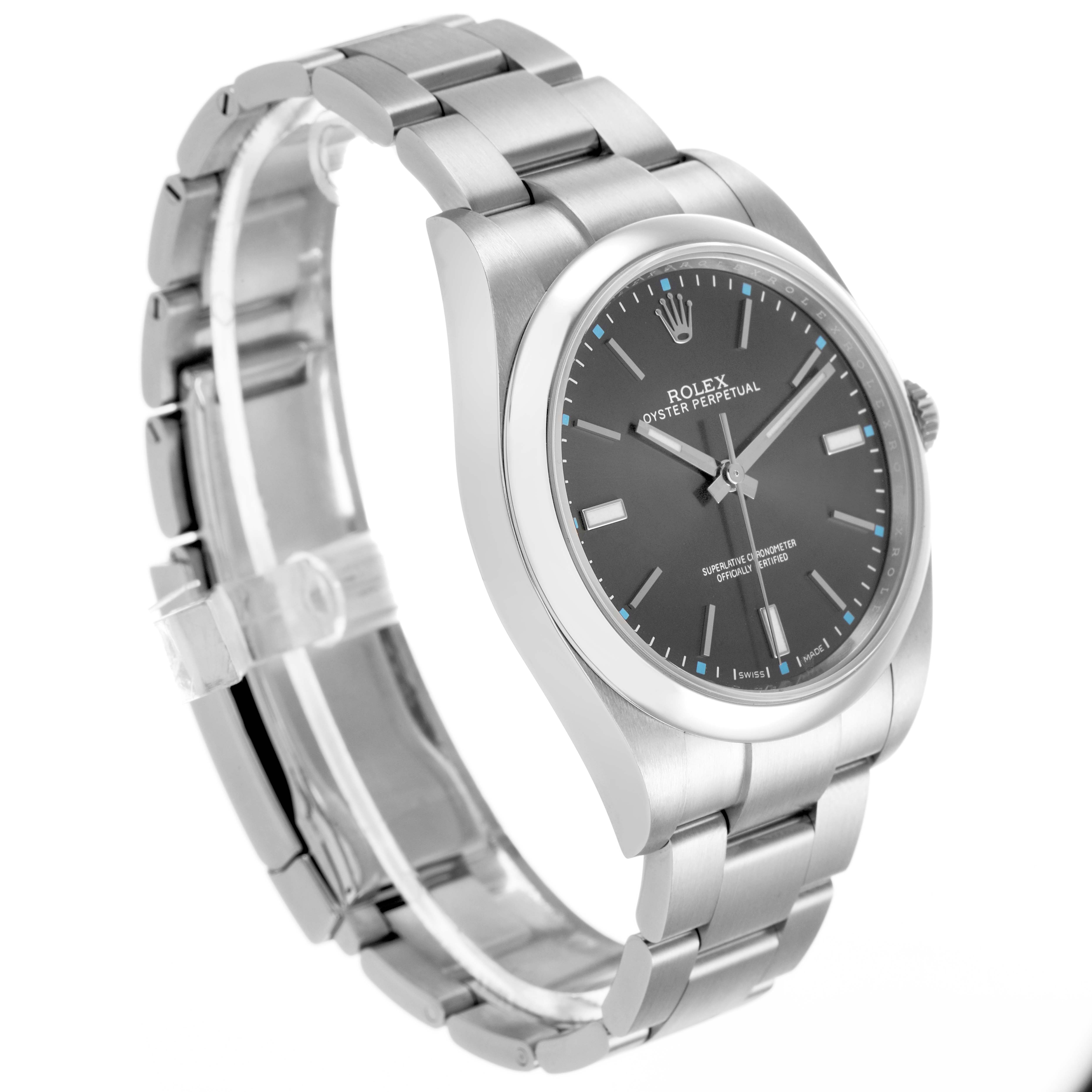 The Rolex Oyster Perpetual 114300 Men's Stainless Steel Grey Dial watch is shown at a slight angled view, highlighting the face, bezel, and part of the bracelet.