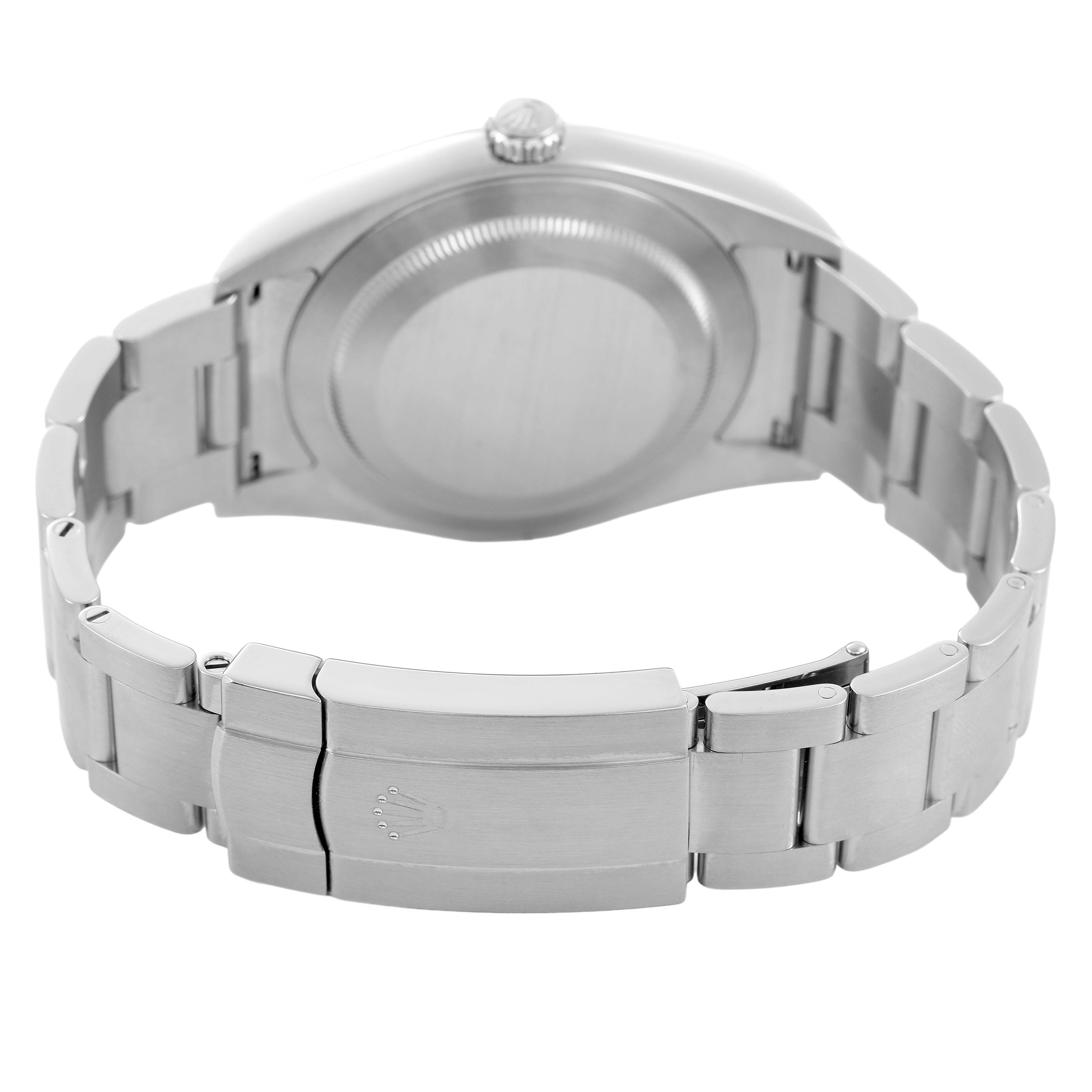 The image shows the back and clasp of the Rolex Oyster Perpetual 114300 Men's Stainless Steel Grey Dial watch from a rear angle.
